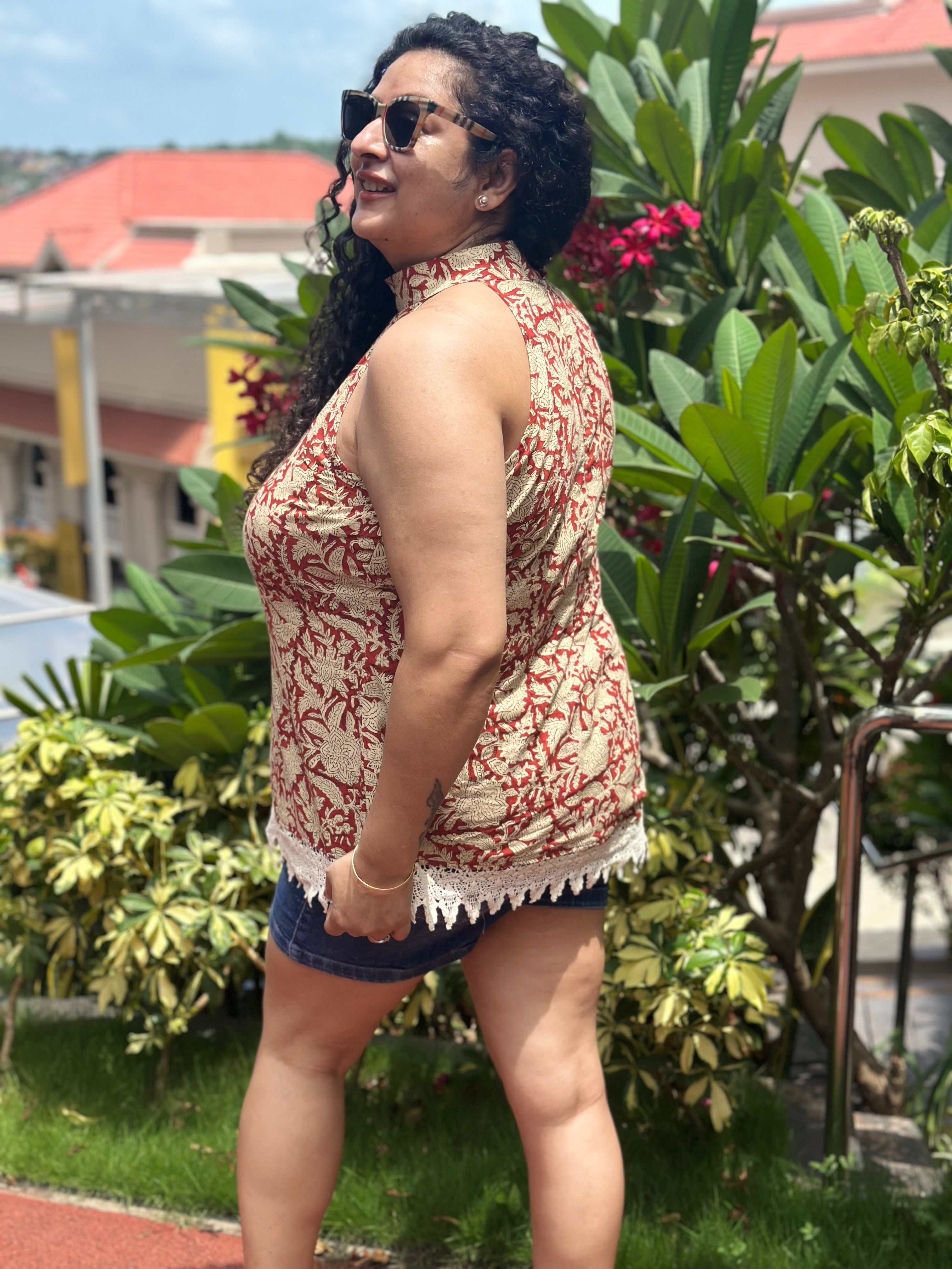 Lace & Loom - Red Bagru Handblock Print Cotton Halter Top