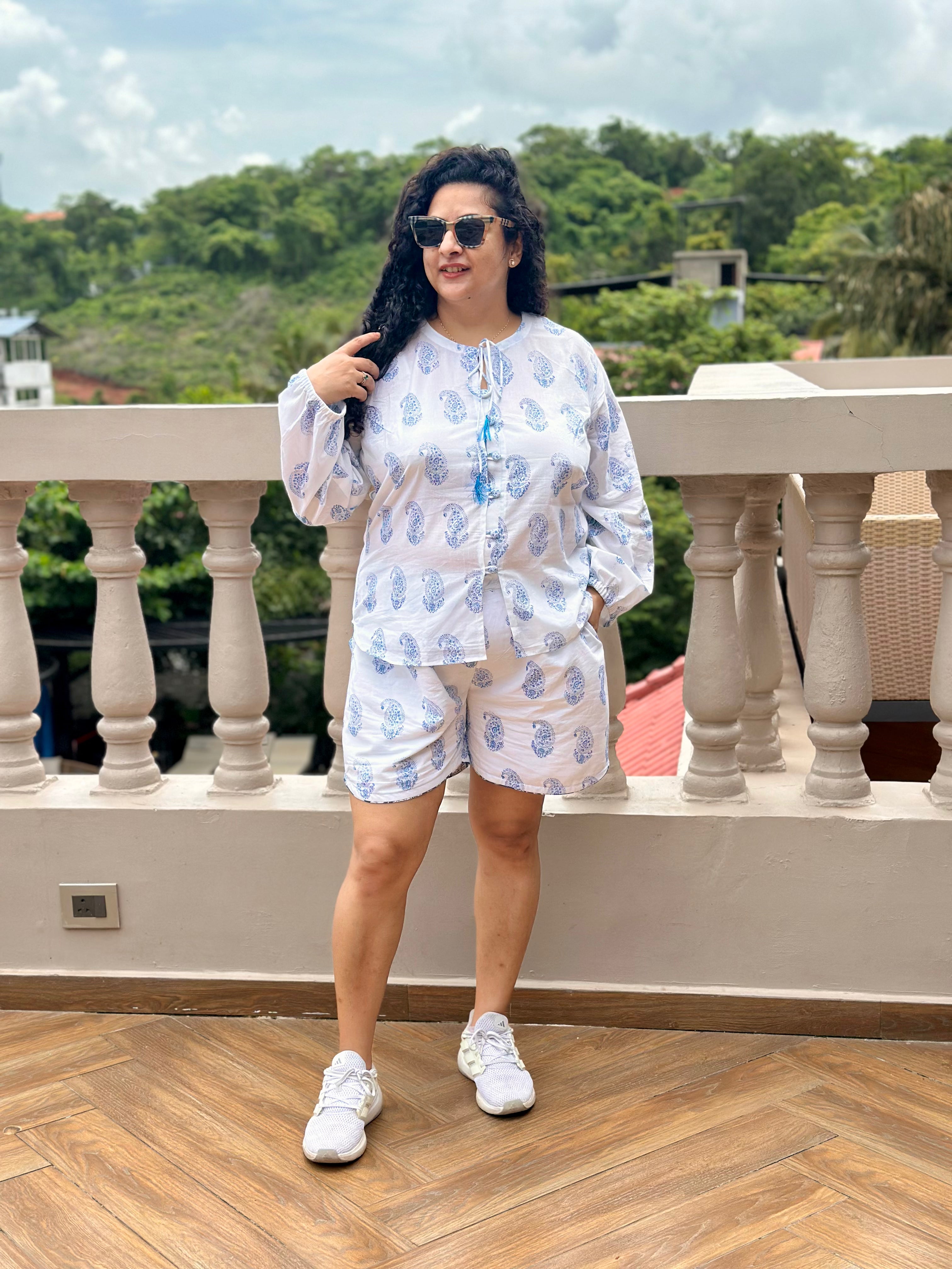 Blue Whisper- Sanganeri Handblock Print Paisley Cotton Co-ord Shorts set