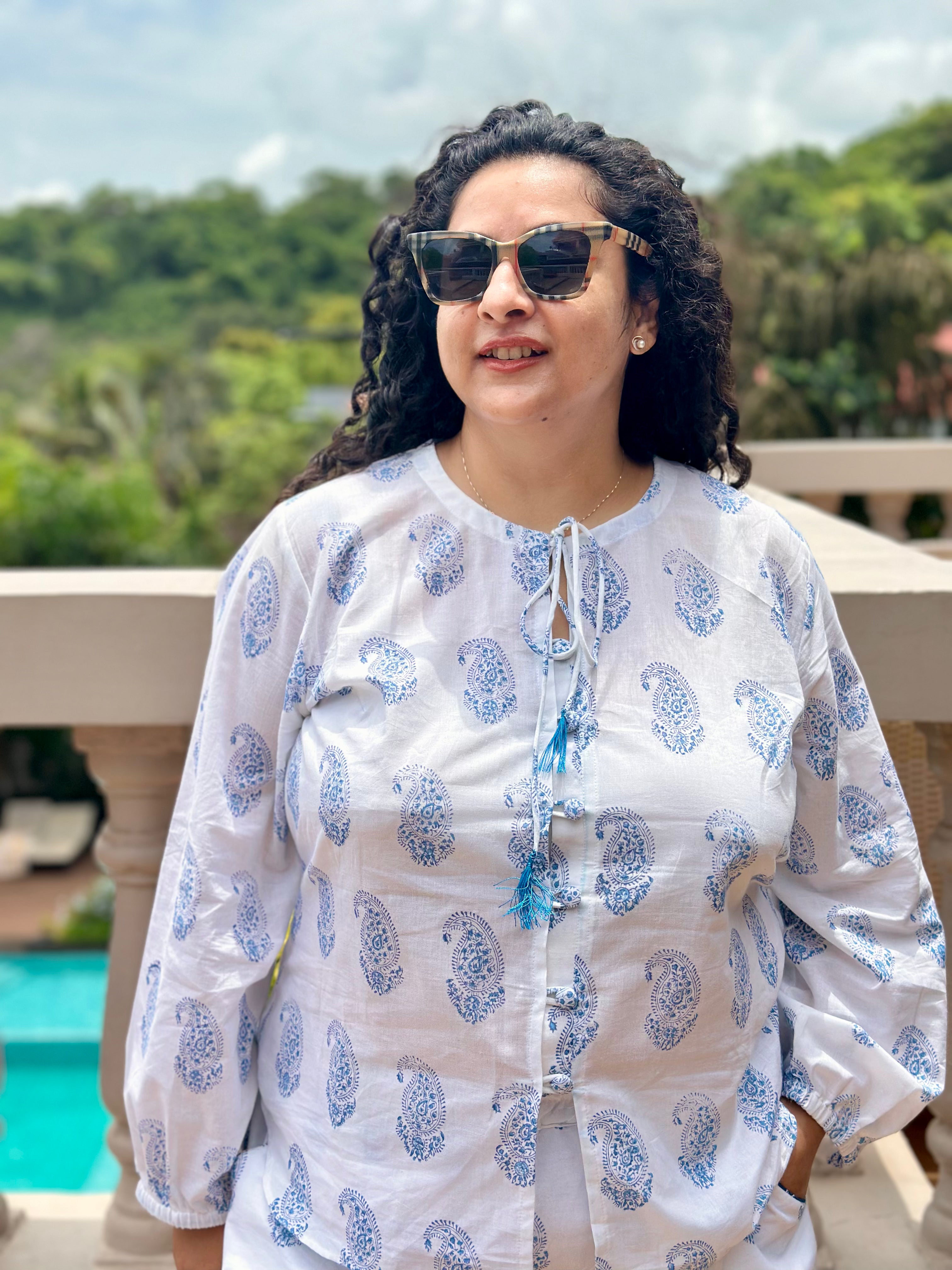 Blue Whisper- Sanganeri Handblock Print Paisley Cotton Co-ord Shorts set