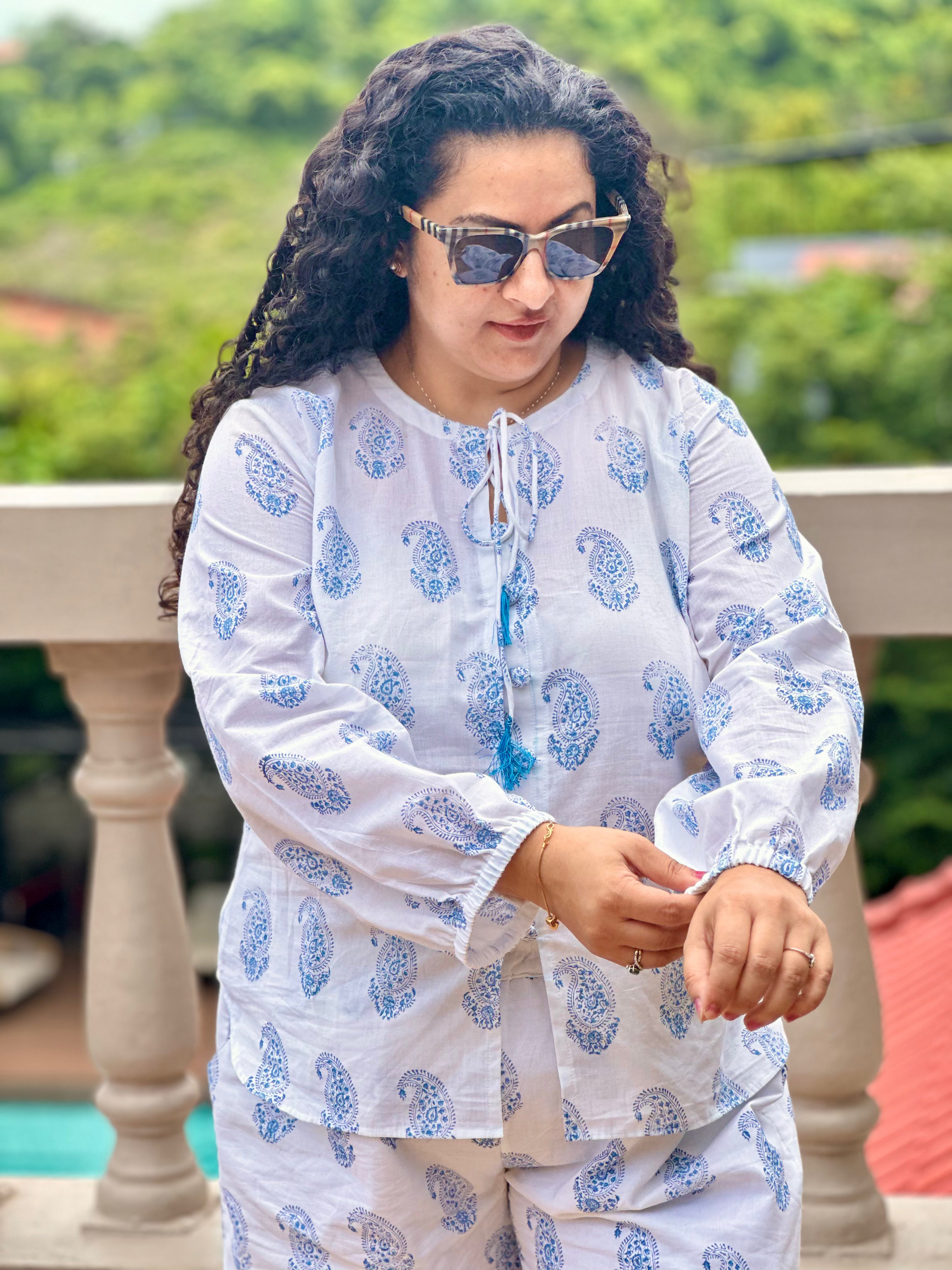 Blue Whisper- Sanganeri Handblock Print Paisley Cotton Co-ord Shorts set