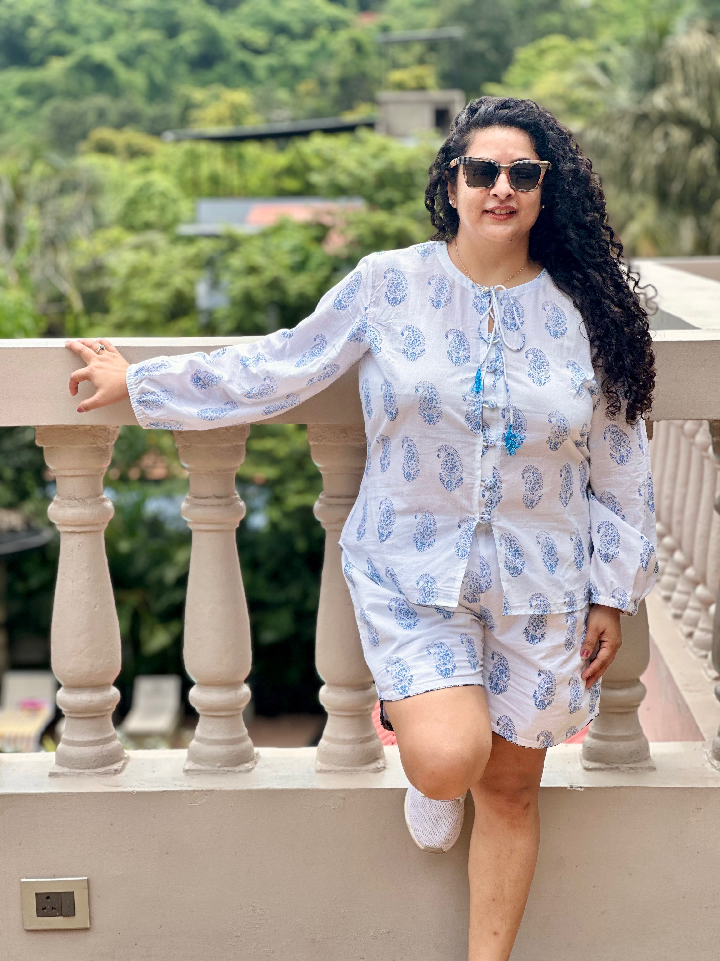 Blue Whisper- Sanganeri Handblock Print Paisley Cotton Co-ord Shorts set