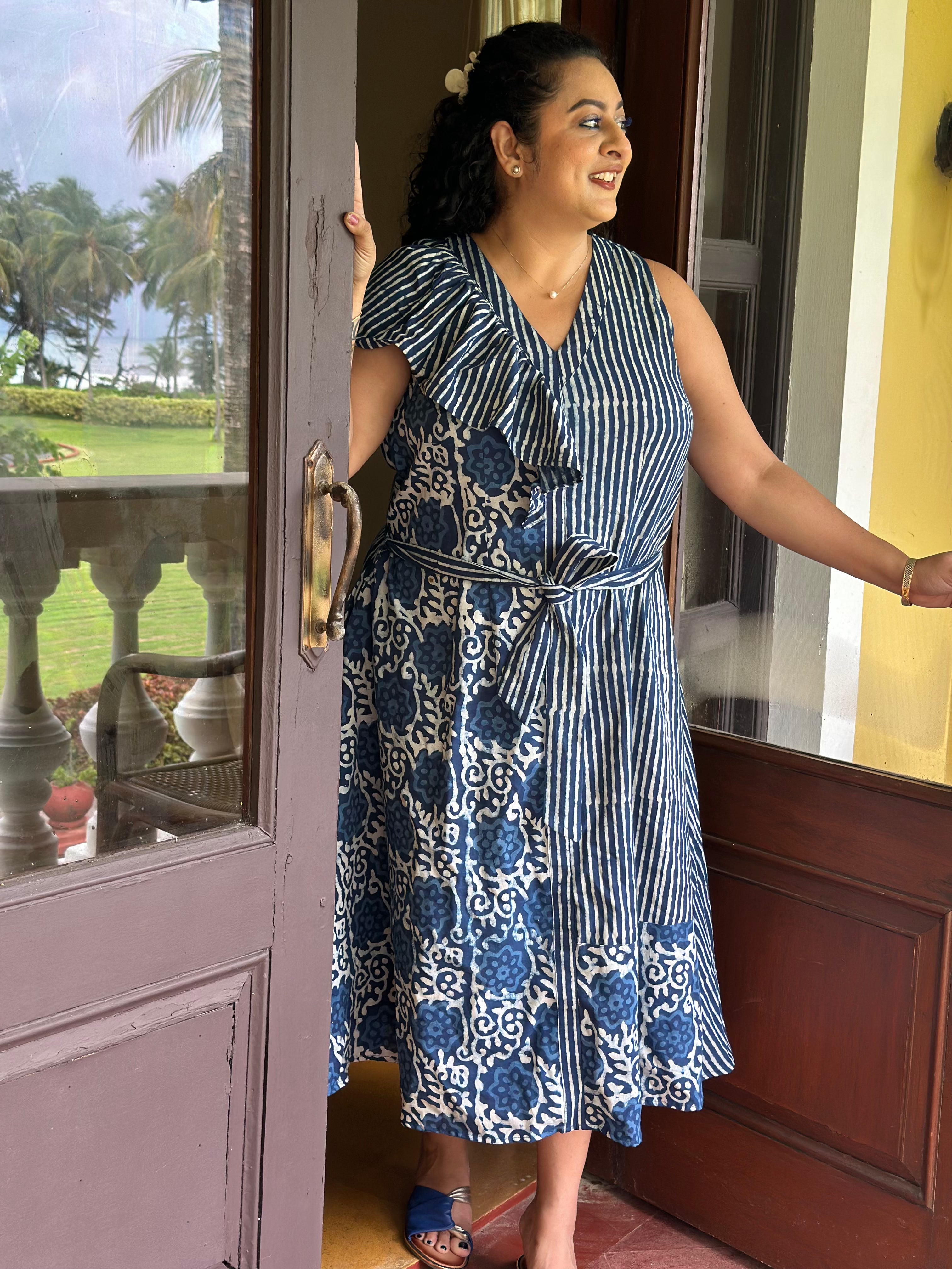 Blue Harmony - Indigo Dabu Handblock Print Cotton MIDI Dress