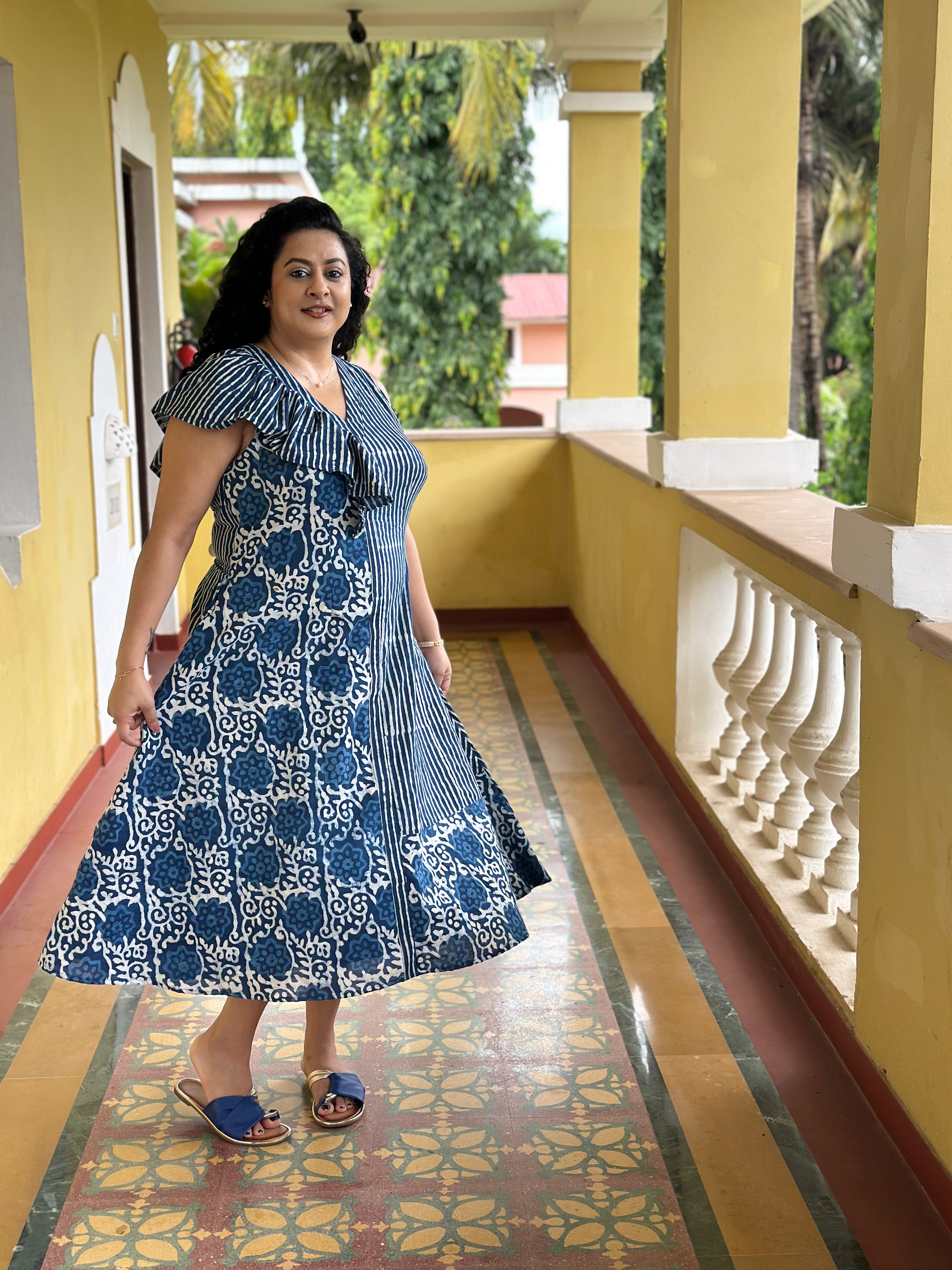 Blue Harmony - Indigo Dabu Handblock Print Cotton MIDI Dress
