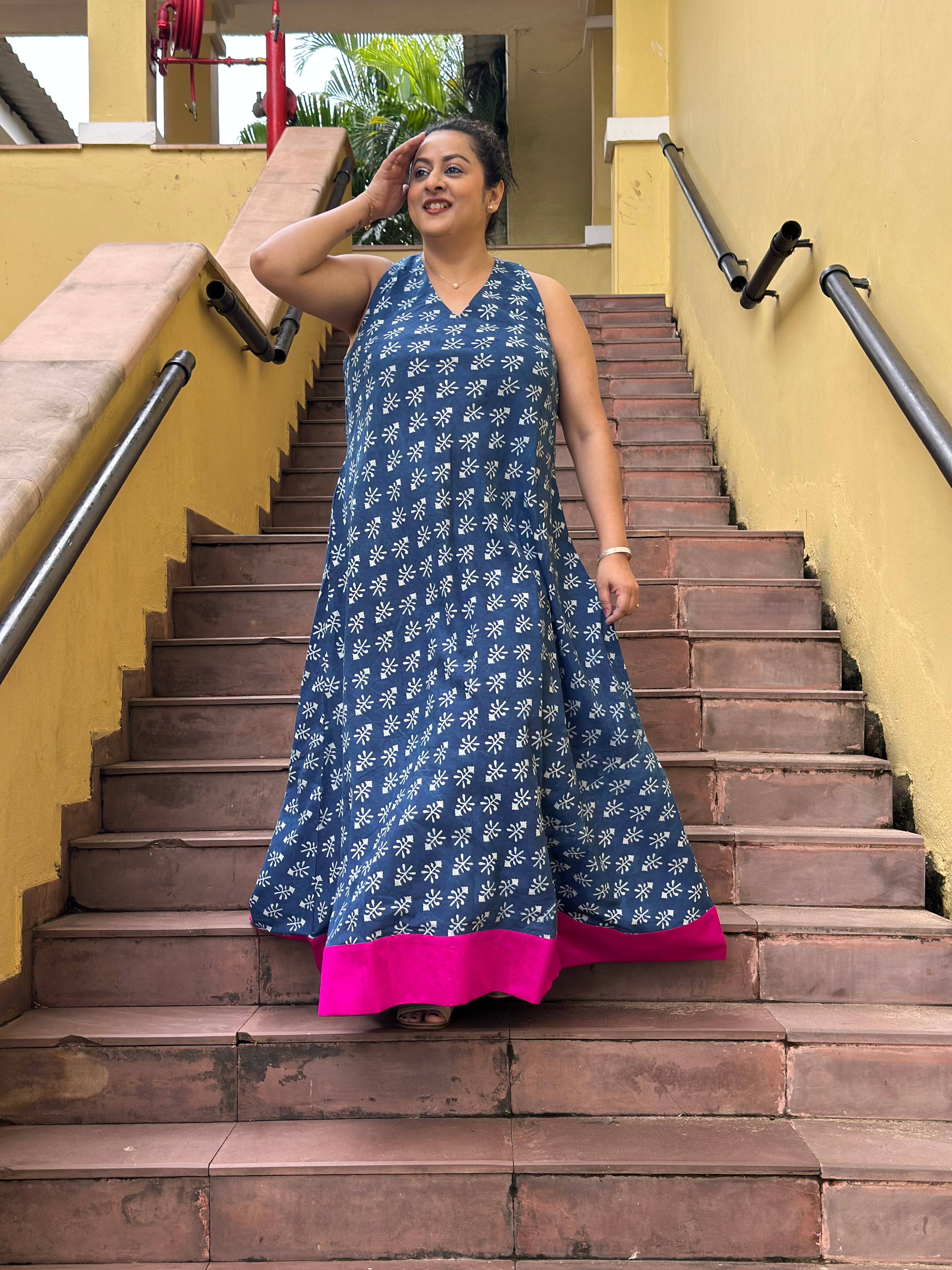Fuchsia Tide - Indigo Dabu Booti Handblock Print Maxi Dress with Pink Patch