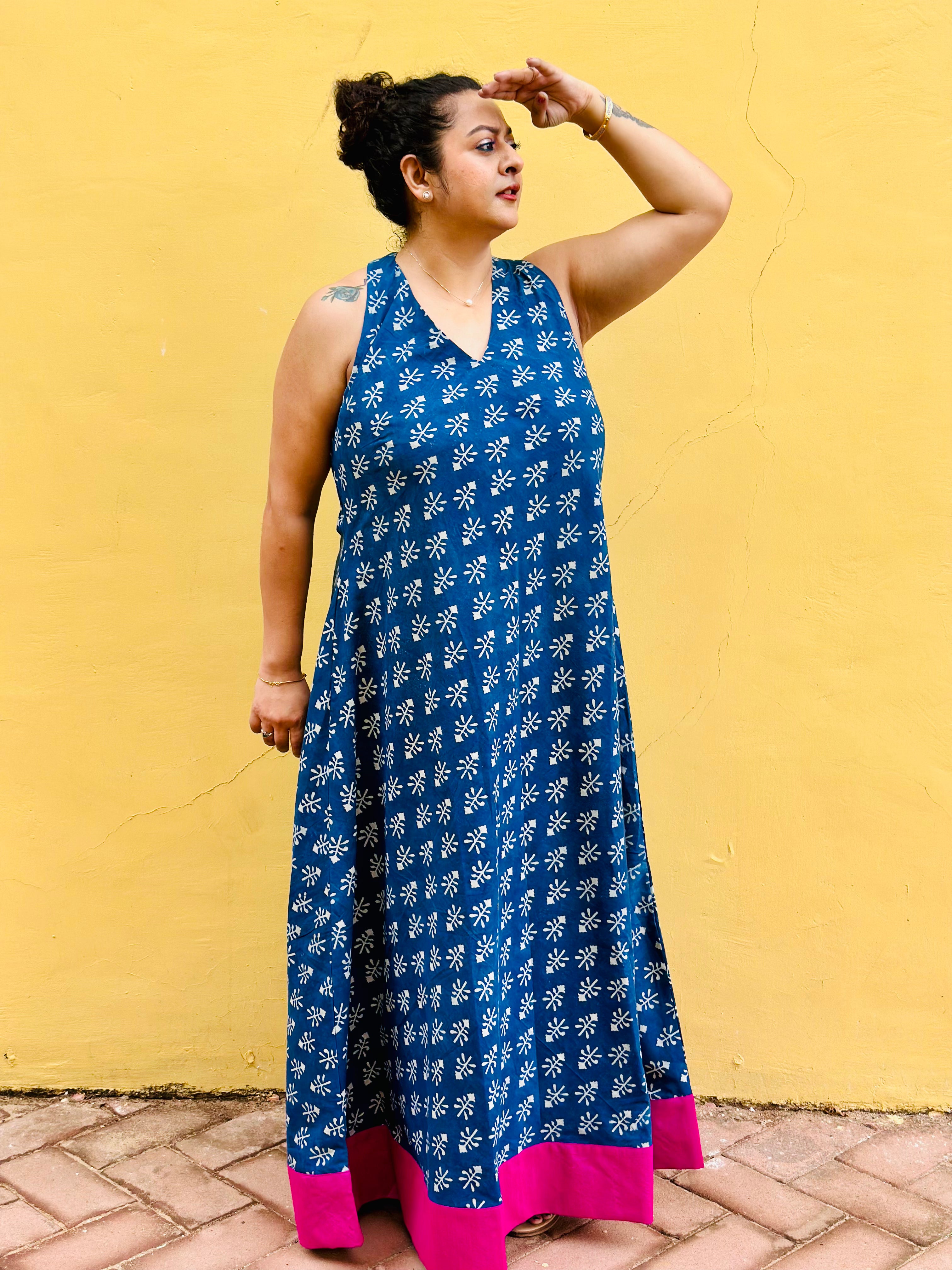 Fuchsia Tide - Indigo Dabu Booti Handblock Print Maxi Dress with Pink Patch