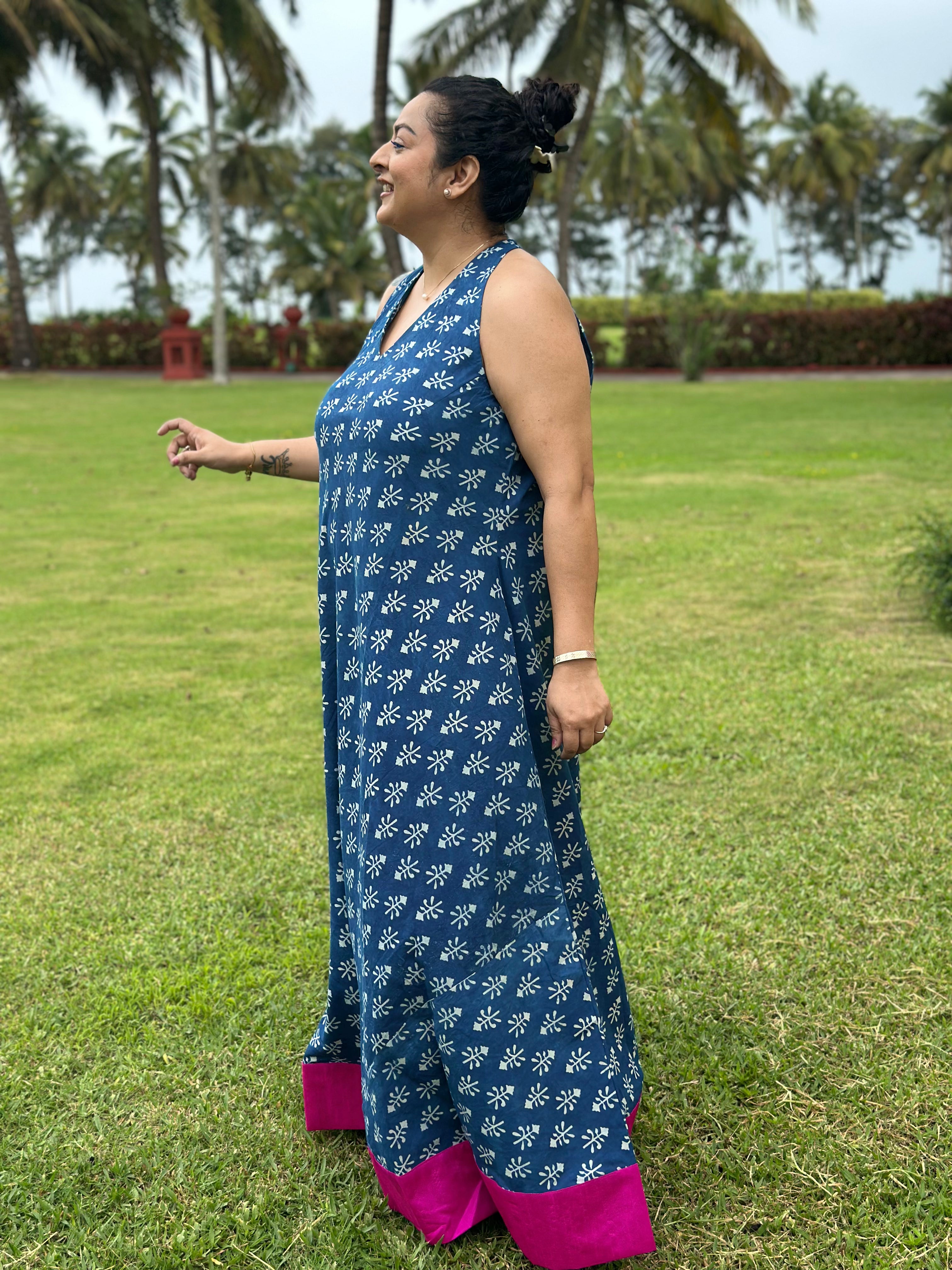 Fuchsia Tide - Indigo Dabu Booti Handblock Print Maxi Dress with Pink Patch