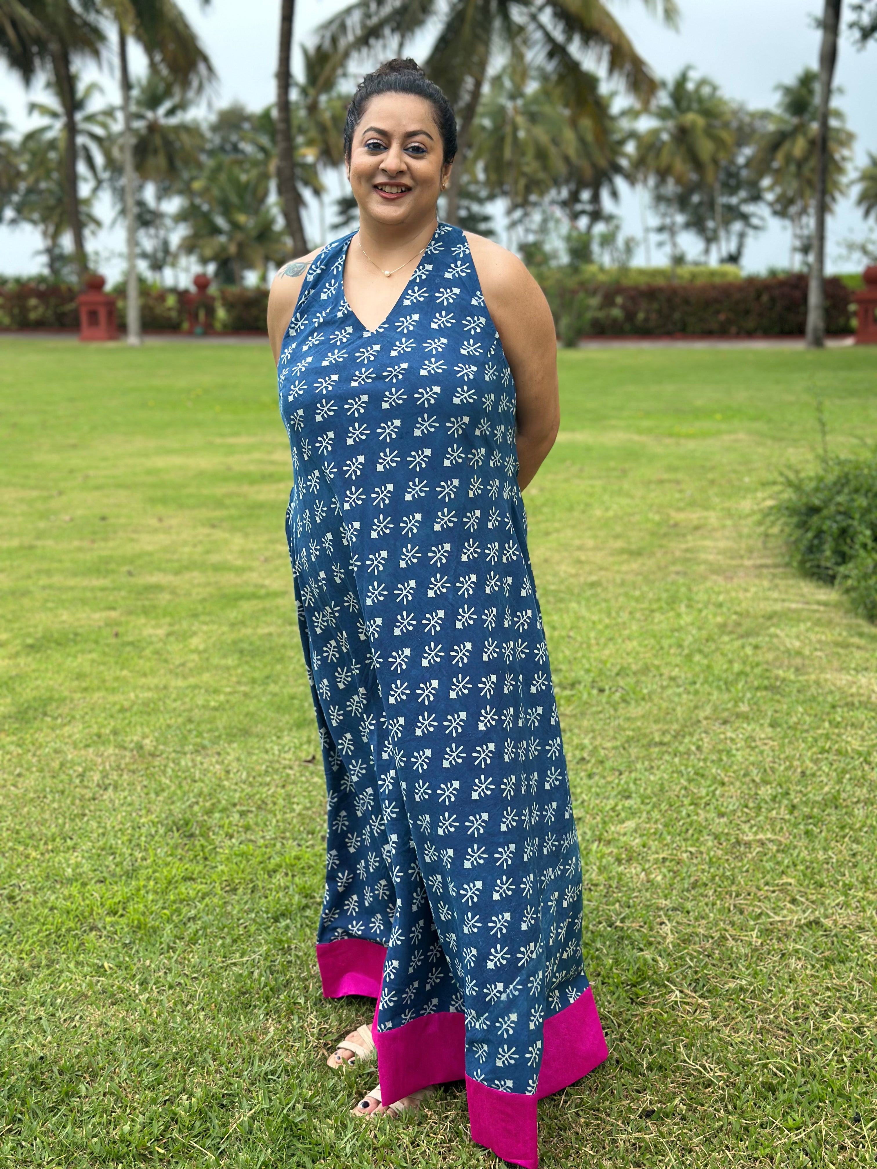 Fuchsia Tide - Indigo Dabu Booti Handblock Print Maxi Dress with Pink Patch