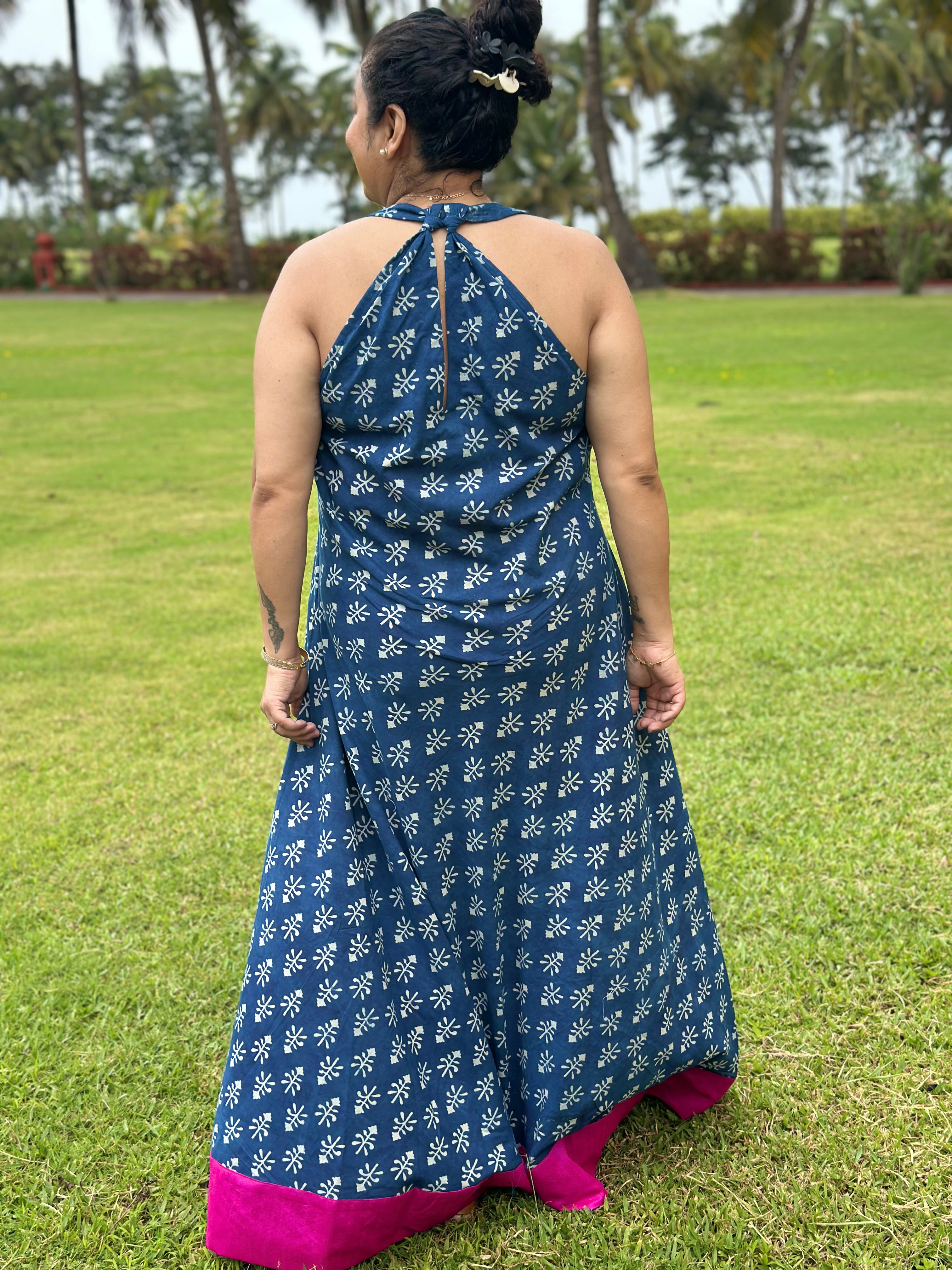Fuchsia Tide - Indigo Dabu Booti Handblock Print Maxi Dress with Pink Patch