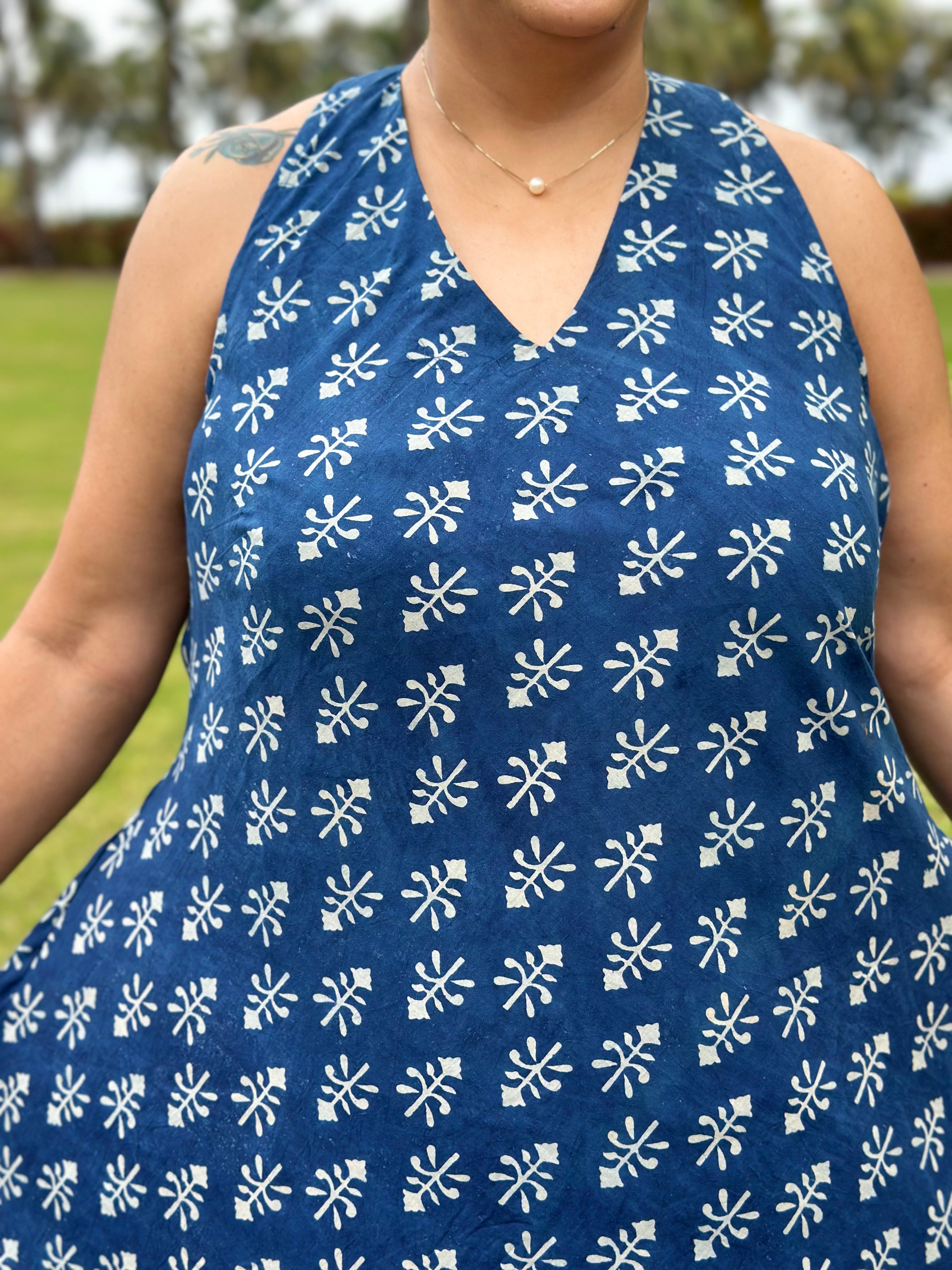 Fuchsia Tide - Indigo Dabu Booti Handblock Print Maxi Dress with Pink Patch