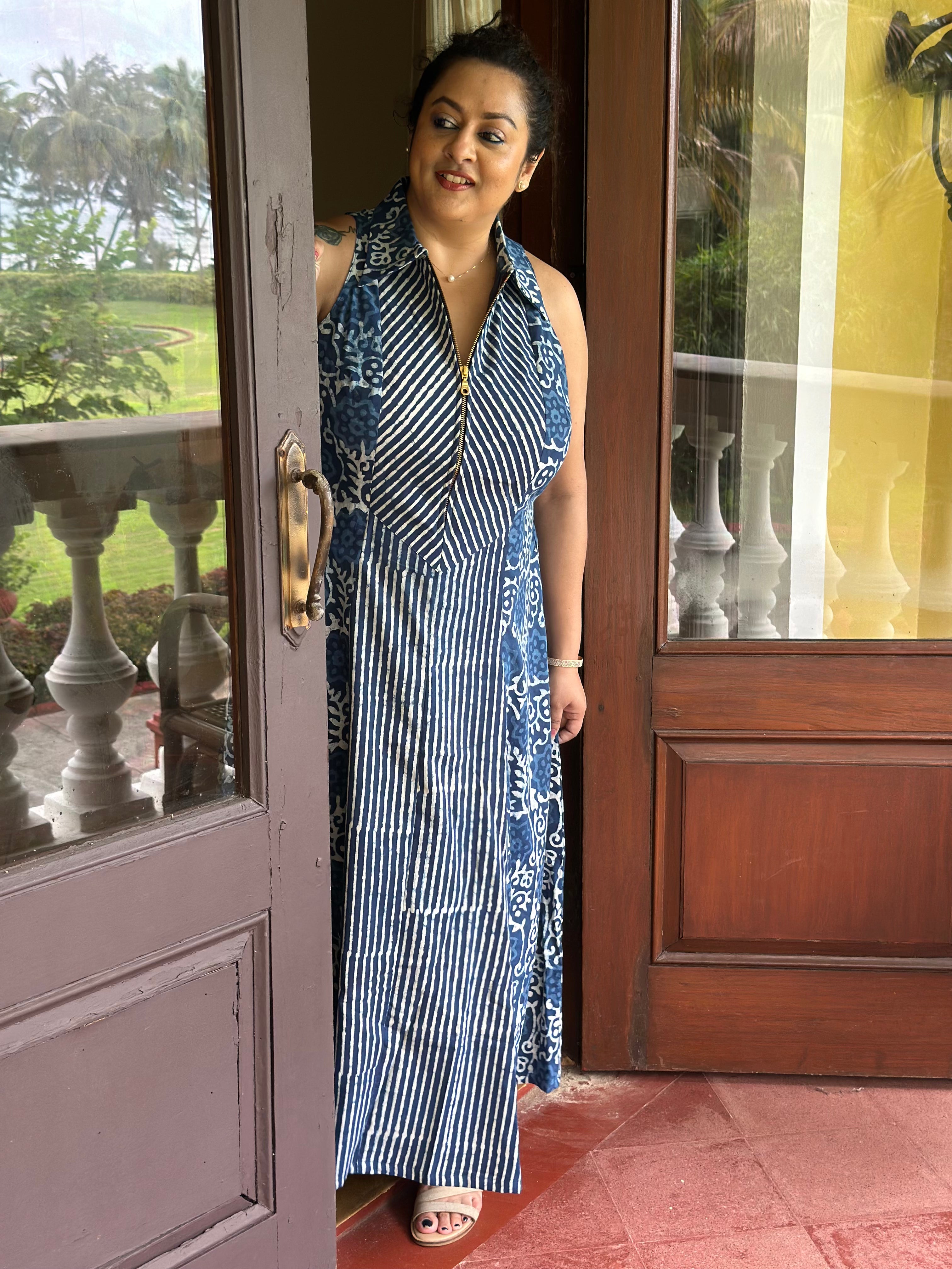 Stripe & Bloom - Indigo Dabu Handblock Maxi Dress with collar and zip