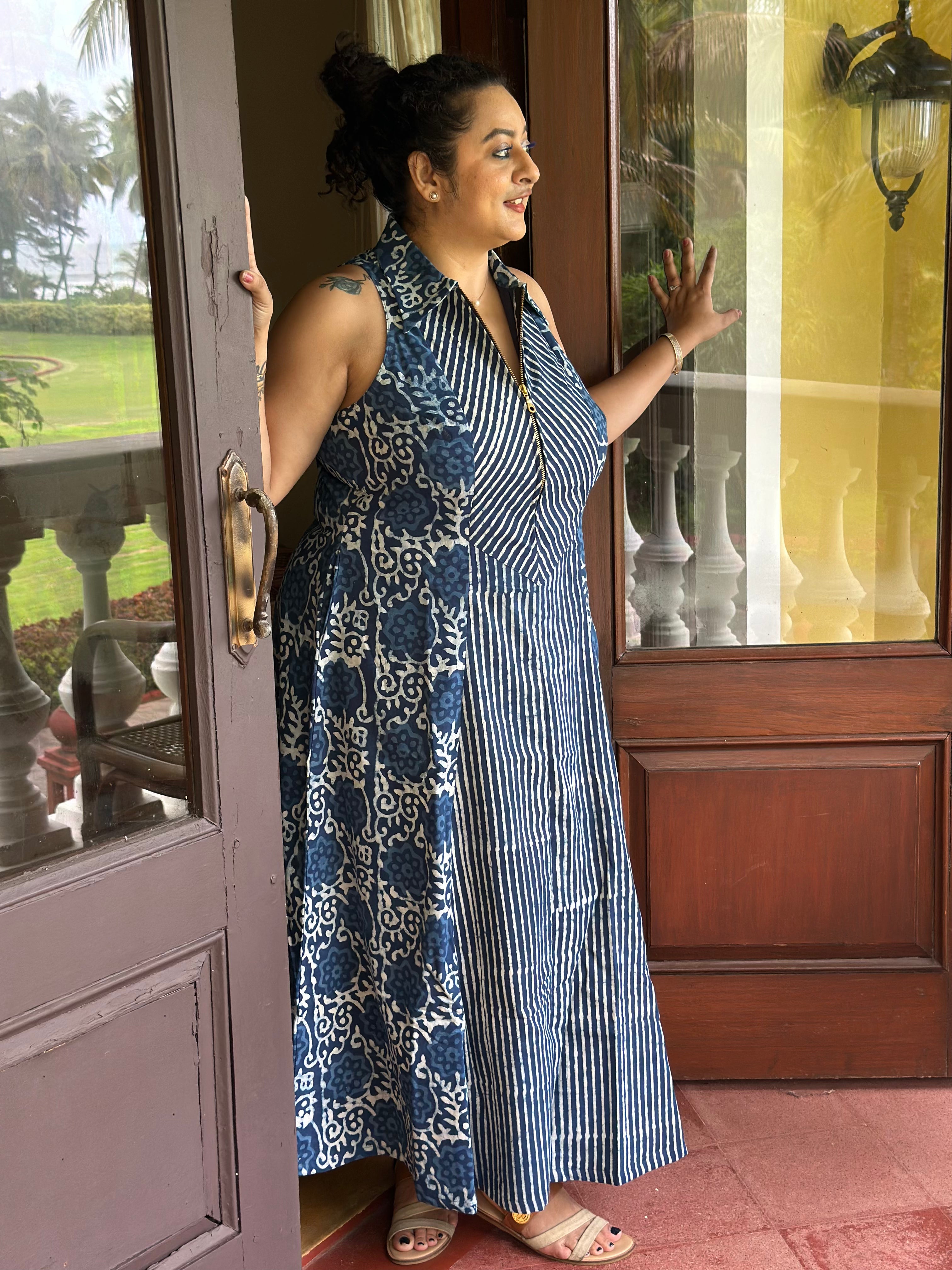 Stripe & Bloom - Indigo Dabu Handblock Maxi Dress with collar and zip