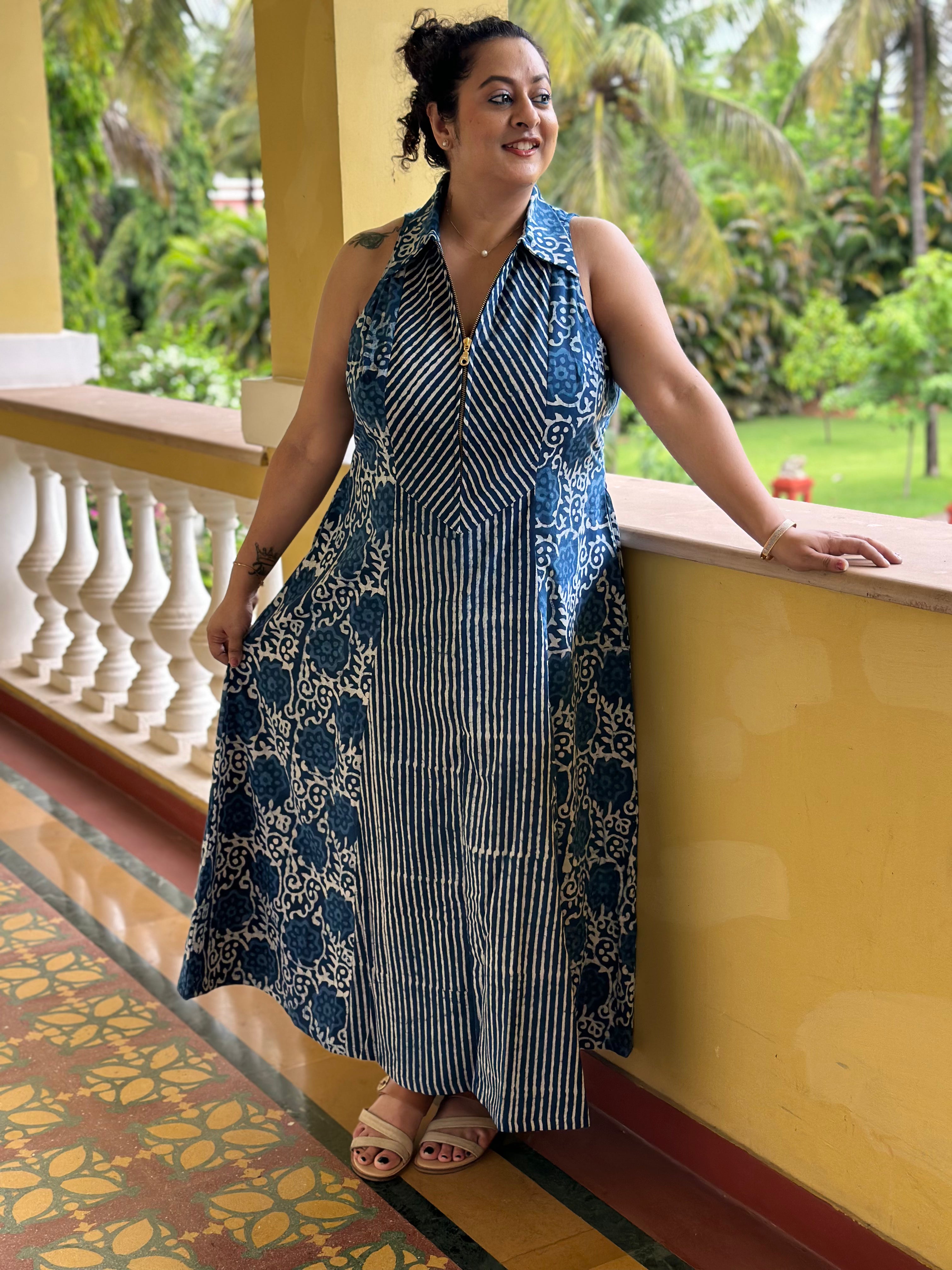 Stripe & Bloom - Indigo Dabu Handblock Maxi Dress with collar and zip