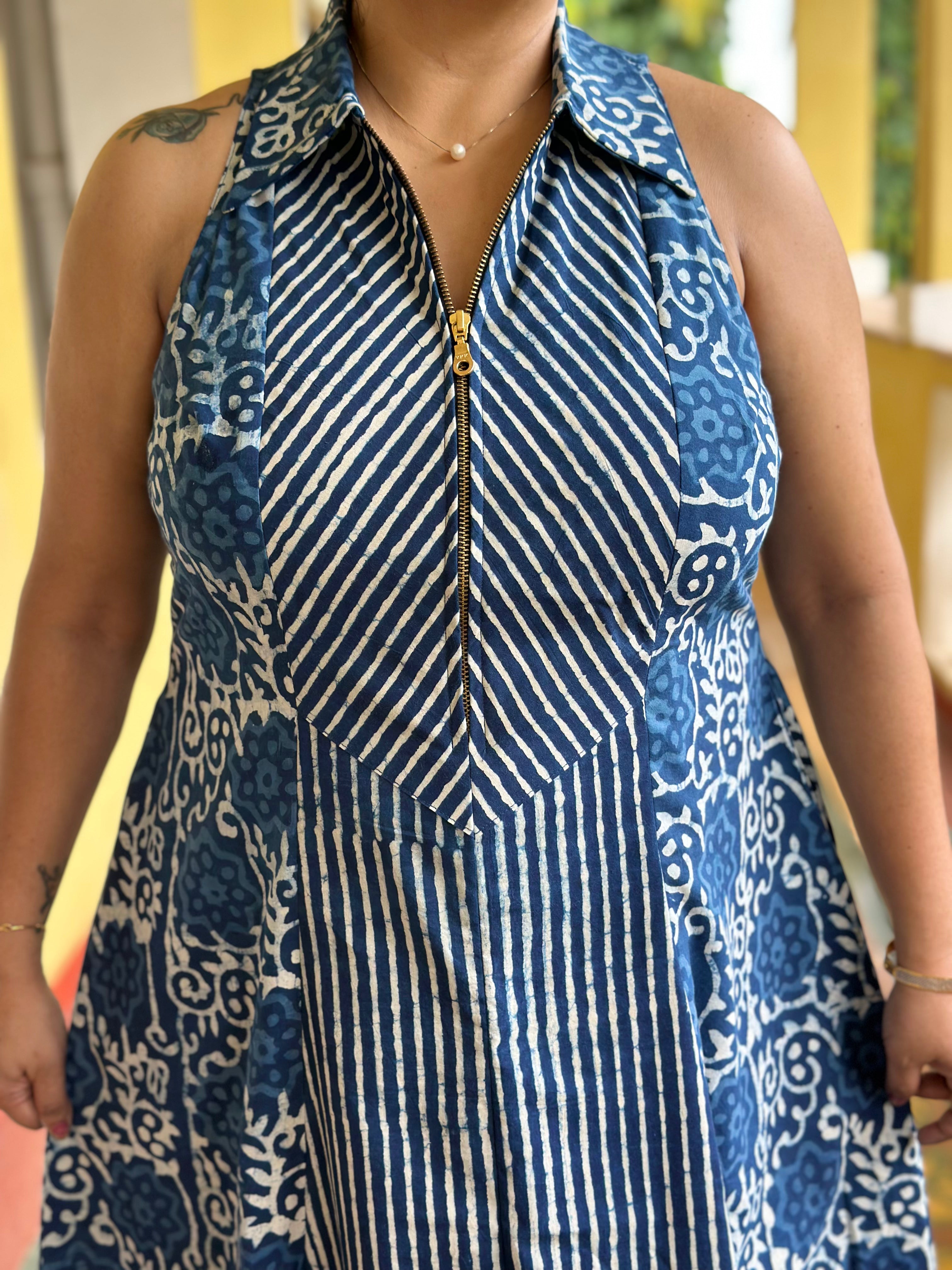 Stripe & Bloom - Indigo Dabu Handblock Maxi Dress with collar and zip