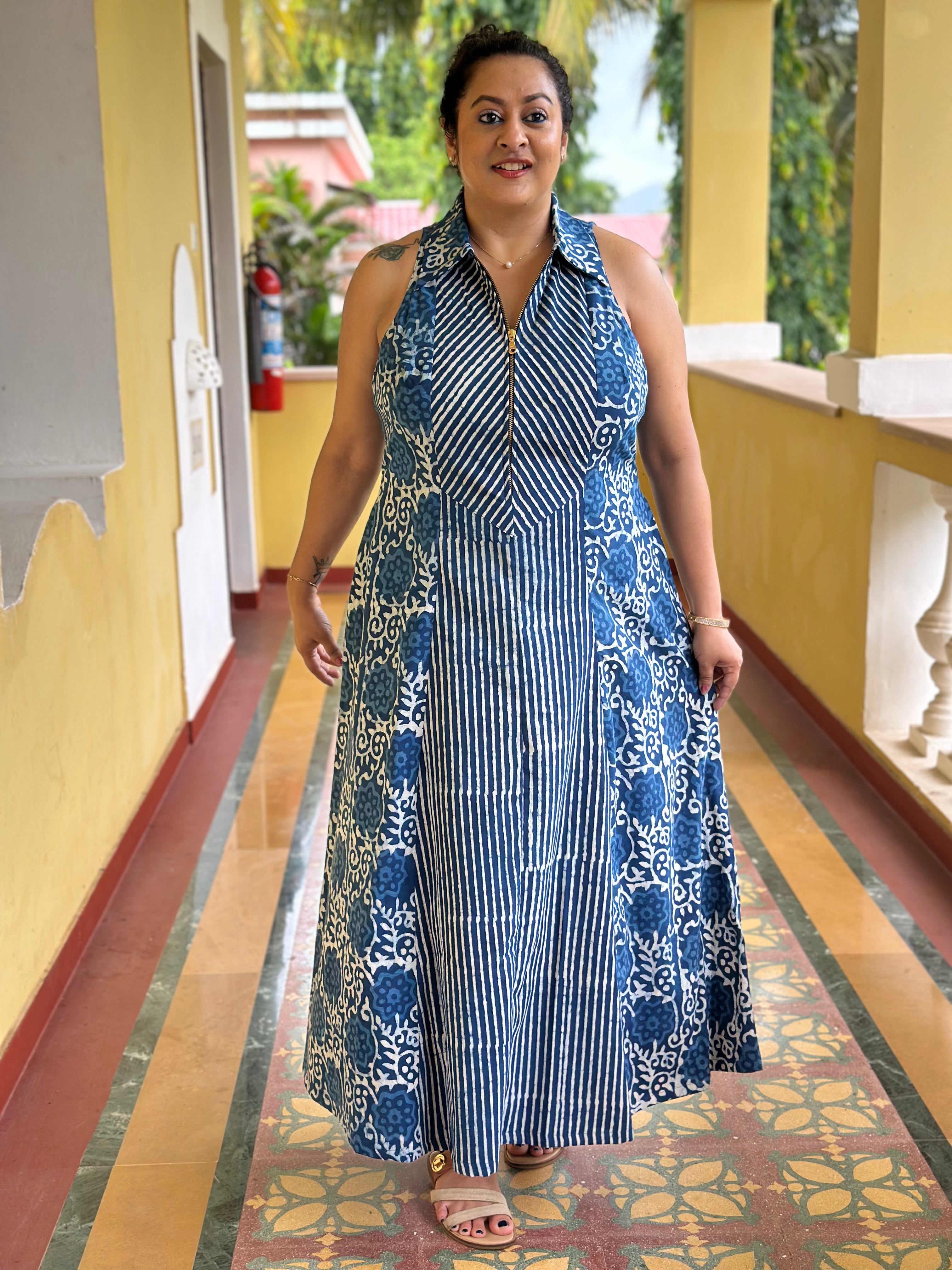 Stripe & Bloom - Indigo Dabu Handblock Maxi Dress with collar and zip