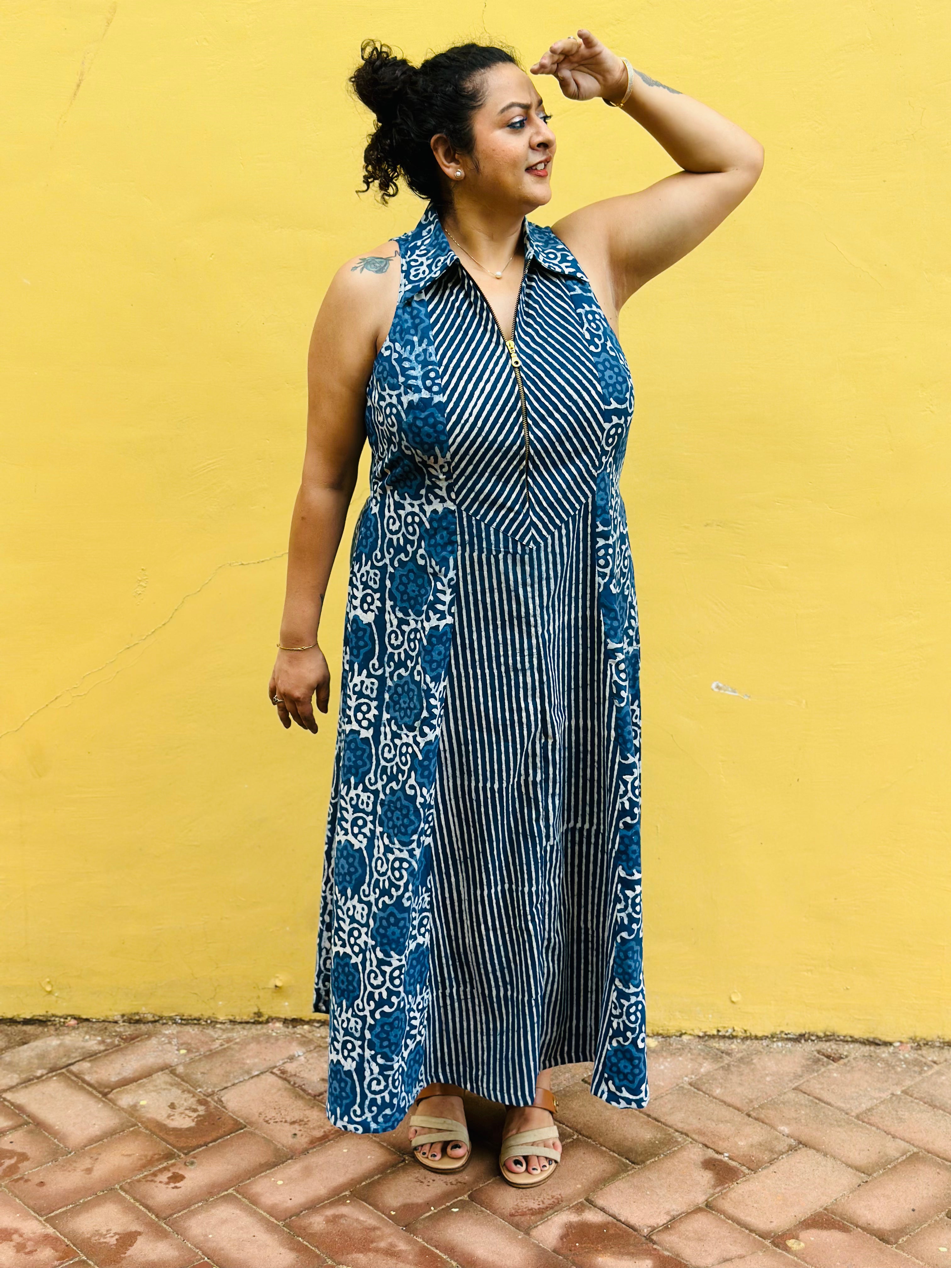 Stripe & Bloom - Indigo Dabu Handblock Maxi Dress with collar and zip