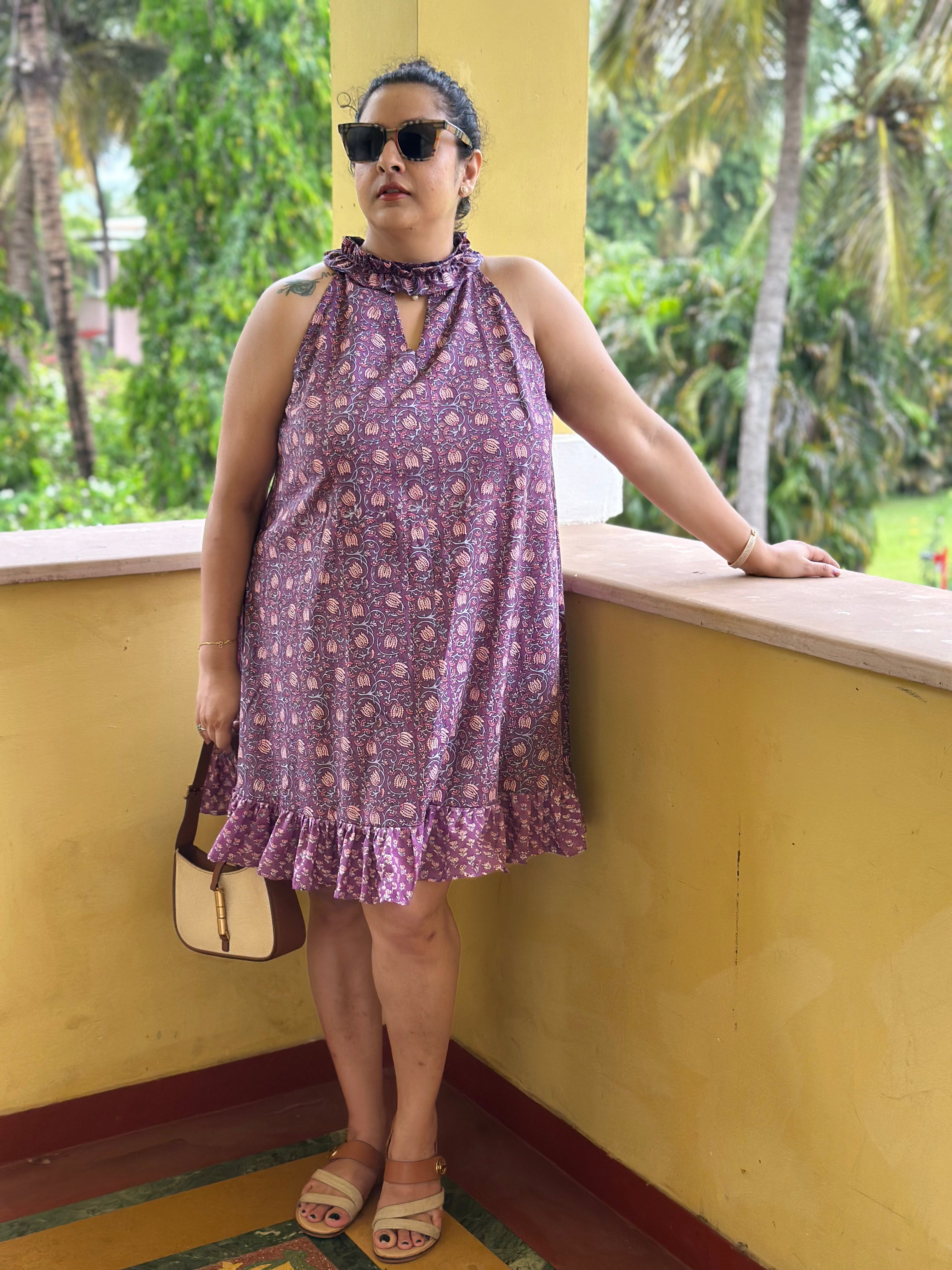 Sanganeri Breeze - Purple Handblock print halter neck short dress