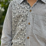 Grey dabu stripe and camel print shirt for boys