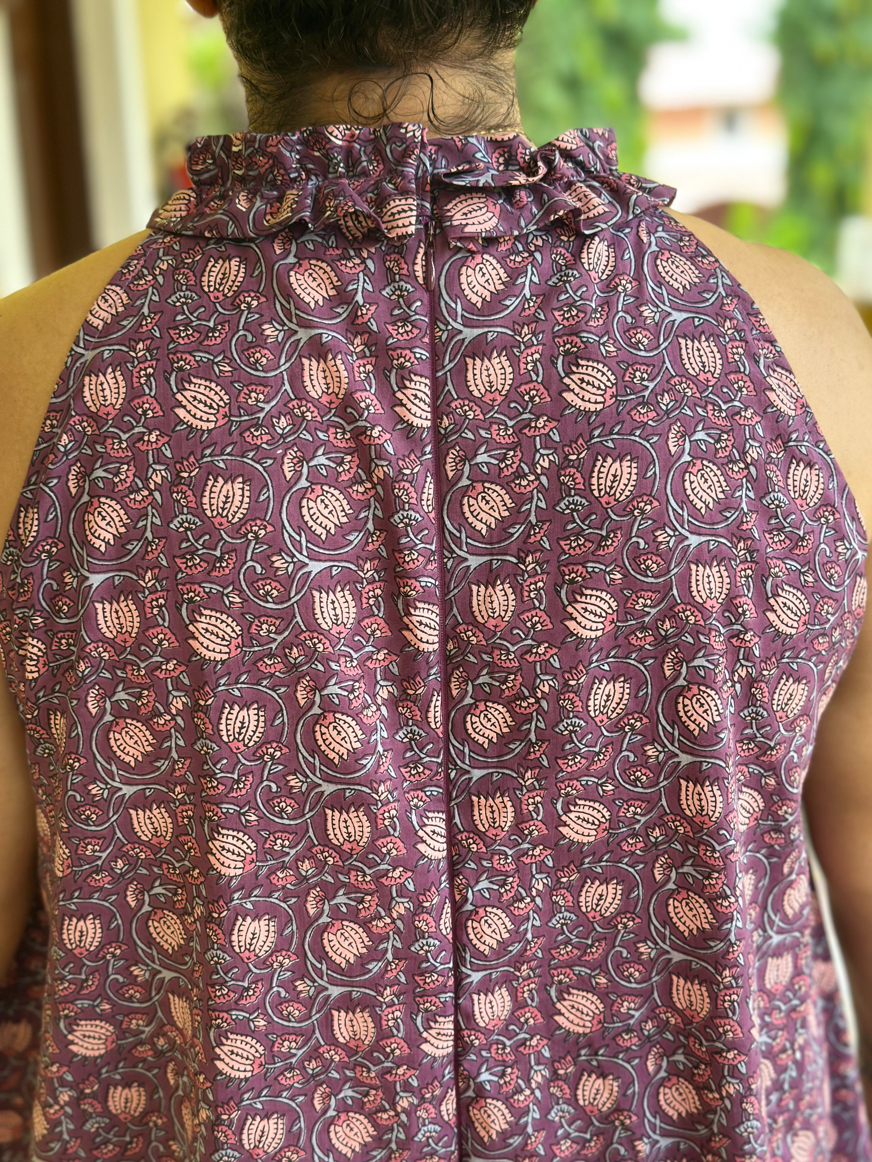 Sanganeri Breeze - Purple Handblock print halter neck short dress