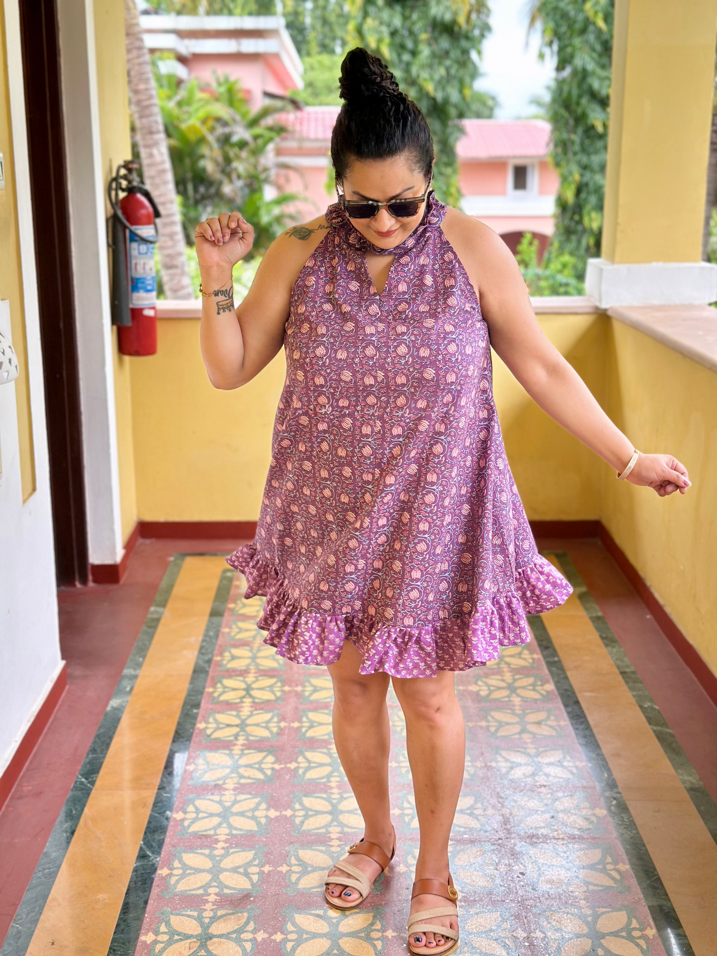 Sanganeri Breeze - Purple Handblock print halter neck short dress