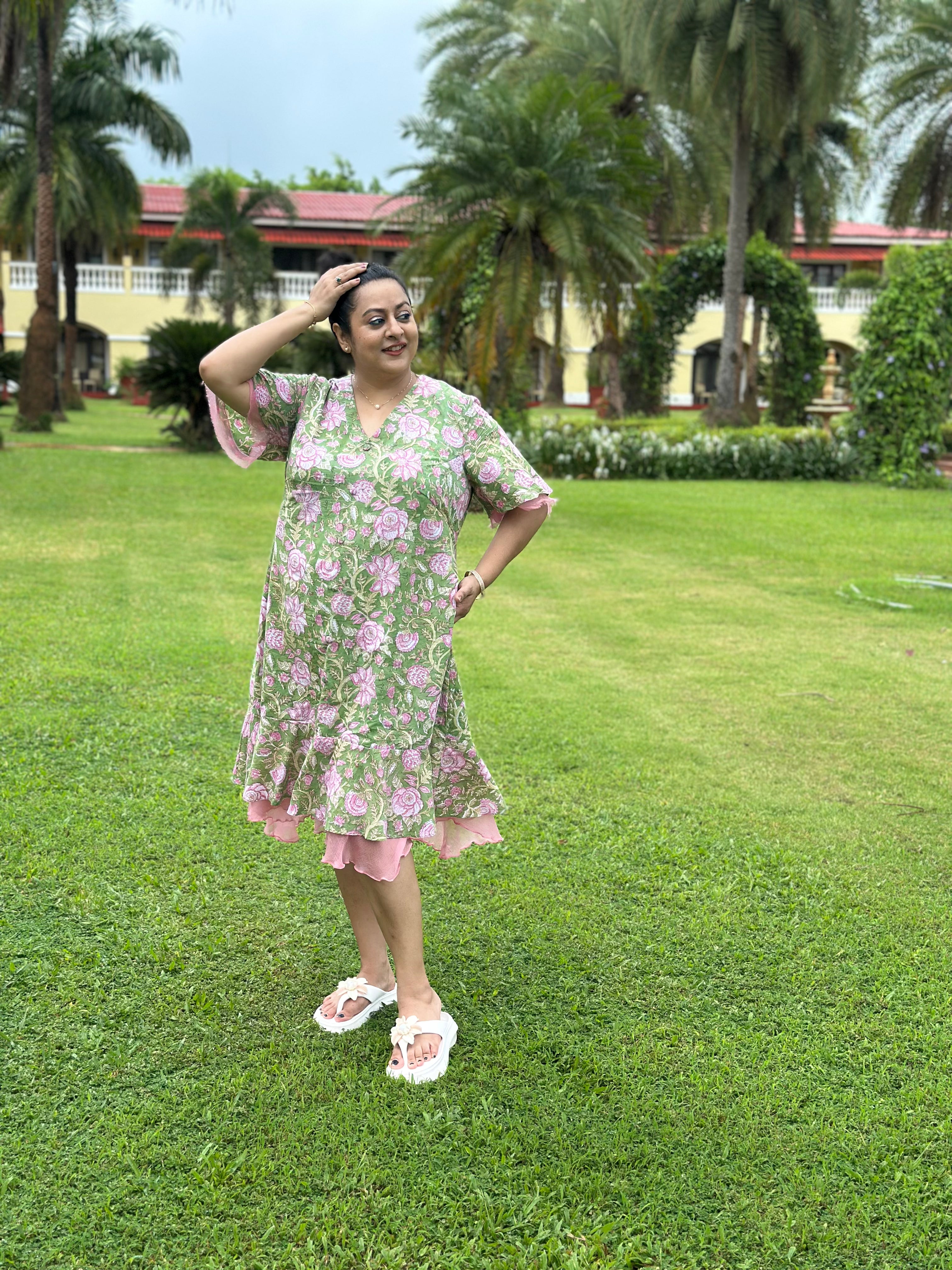 Rosé Garden- Green & Pink Handblock Printed Cotton Midi Dress with Chiffon Frills