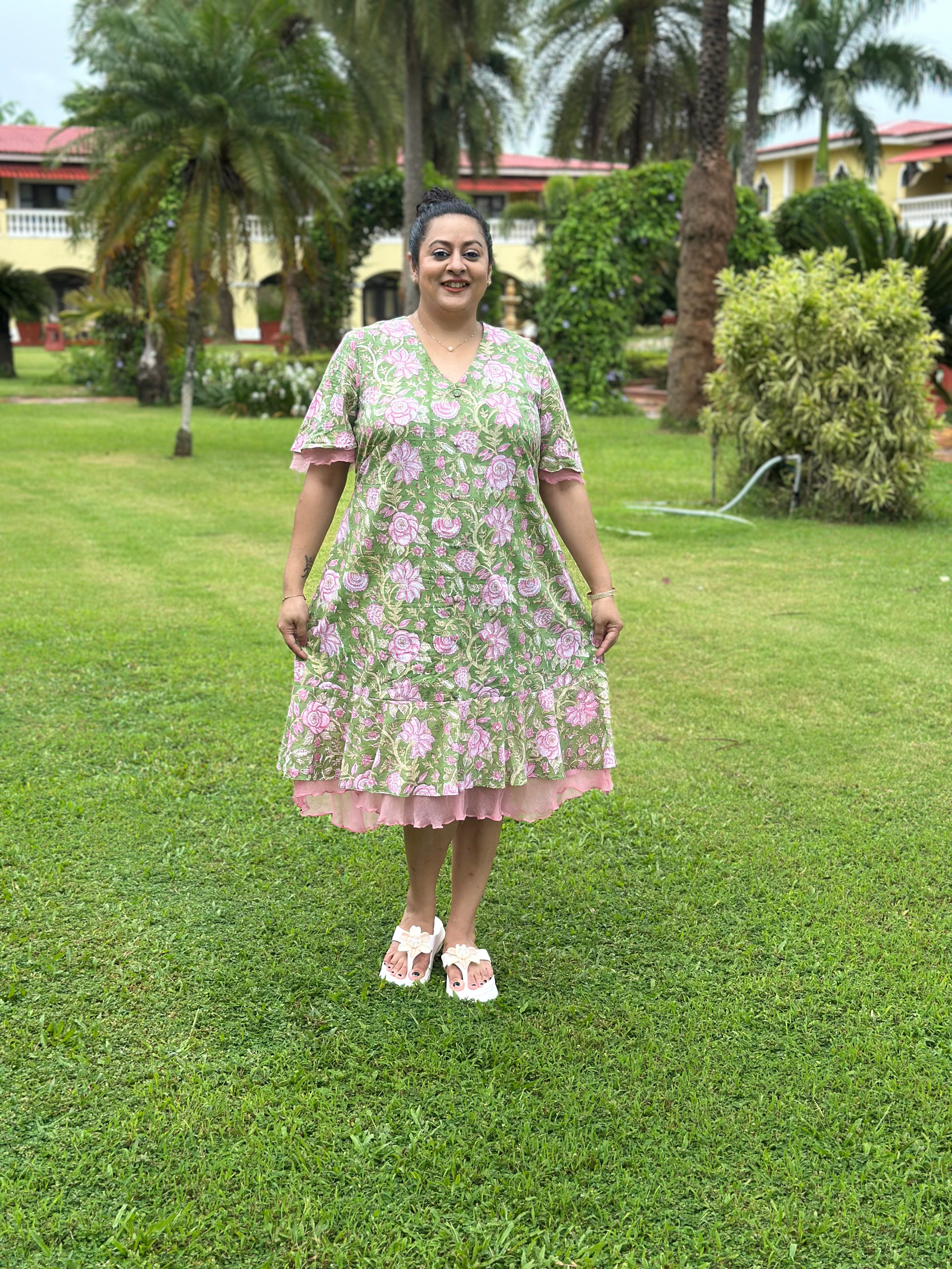 Rosé Garden- Green & Pink Handblock Printed Cotton Midi Dress with Chiffon Frills