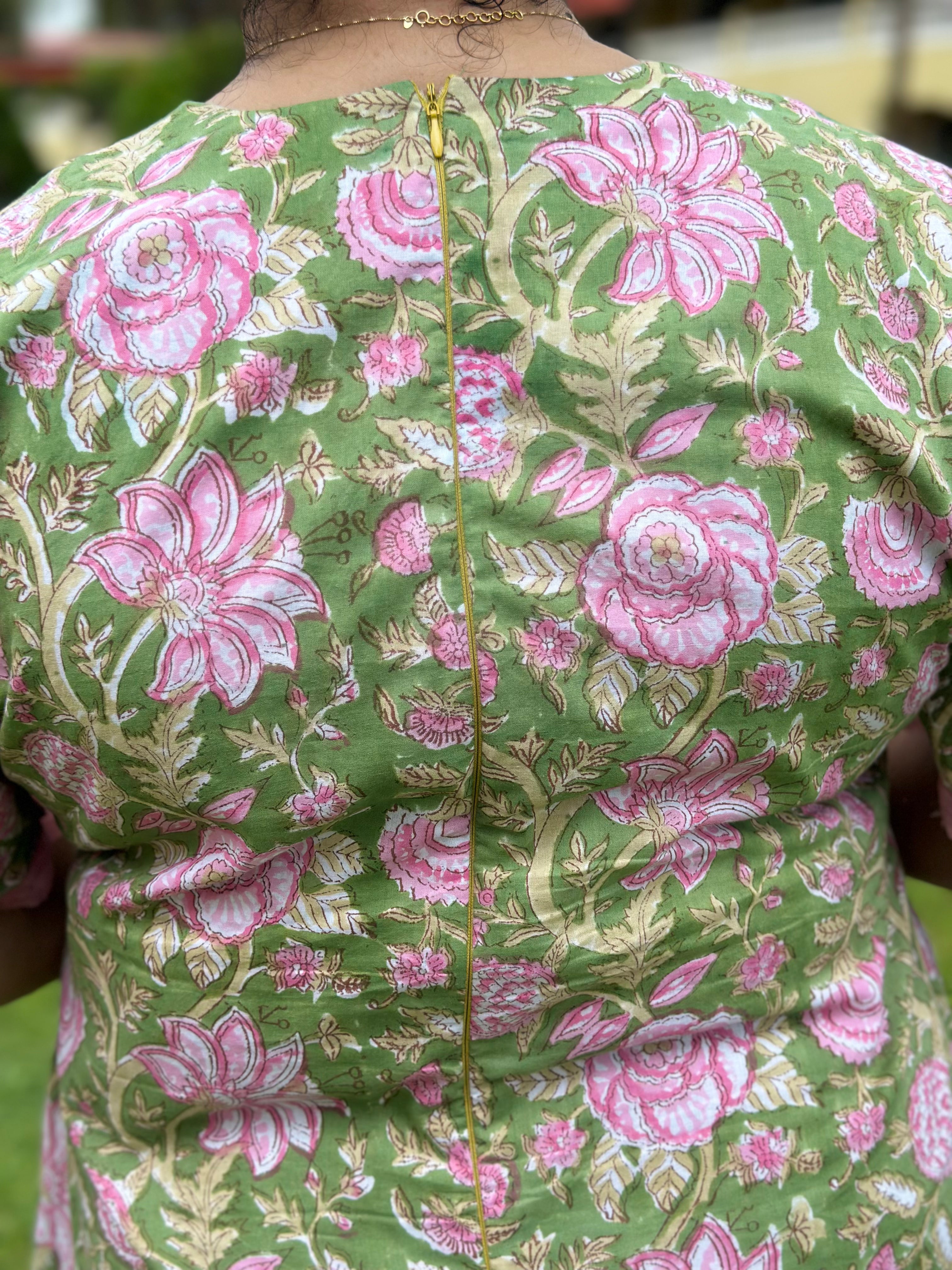 Rosé Garden- Green & Pink Handblock Printed Cotton Midi Dress with Chiffon Frills