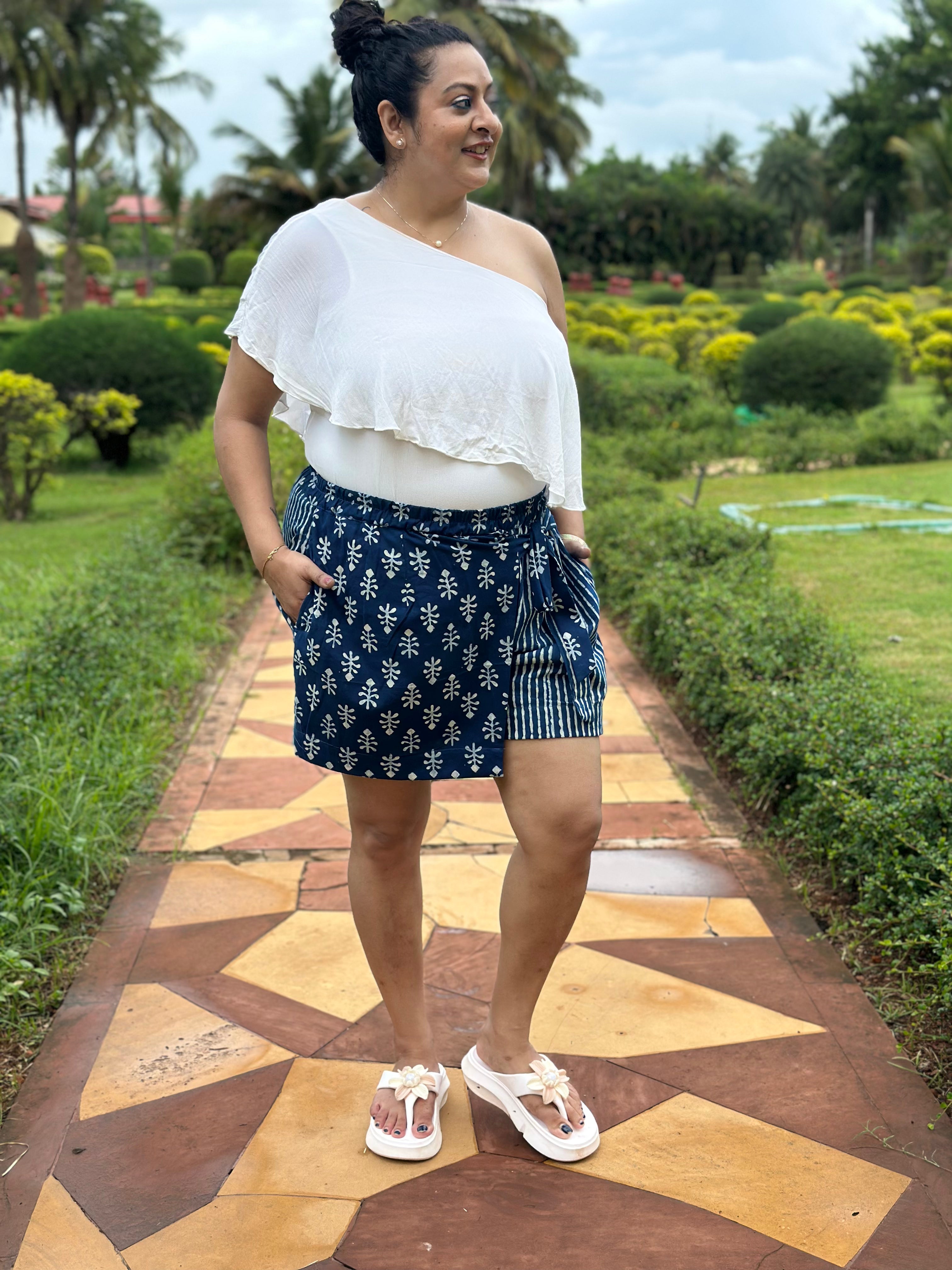 Boho Indigo Overlap Style Shorts Hand block print cotton Shorts