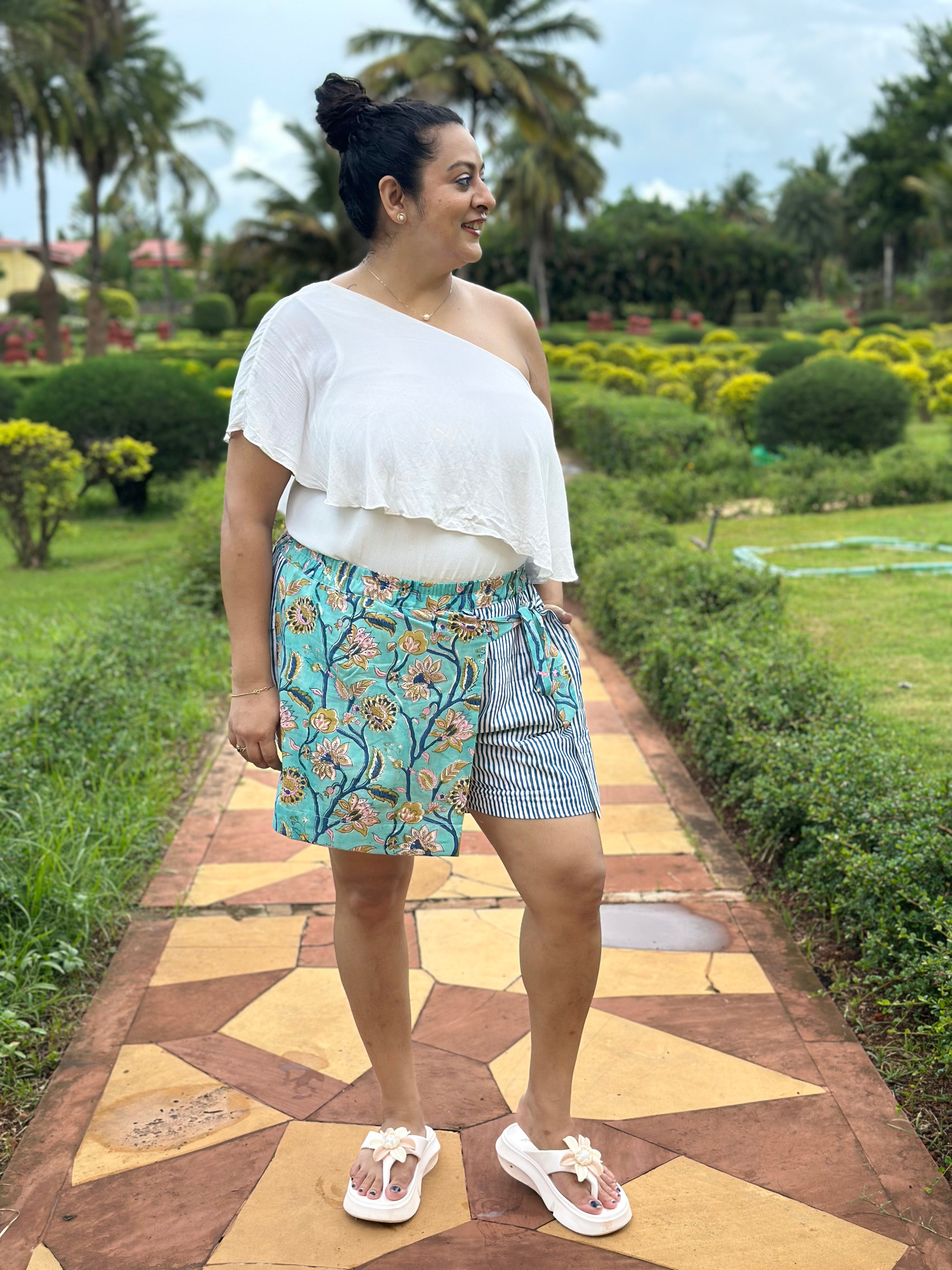 Neel Pushp - Overlap style Handblock print  Cotton Shorts