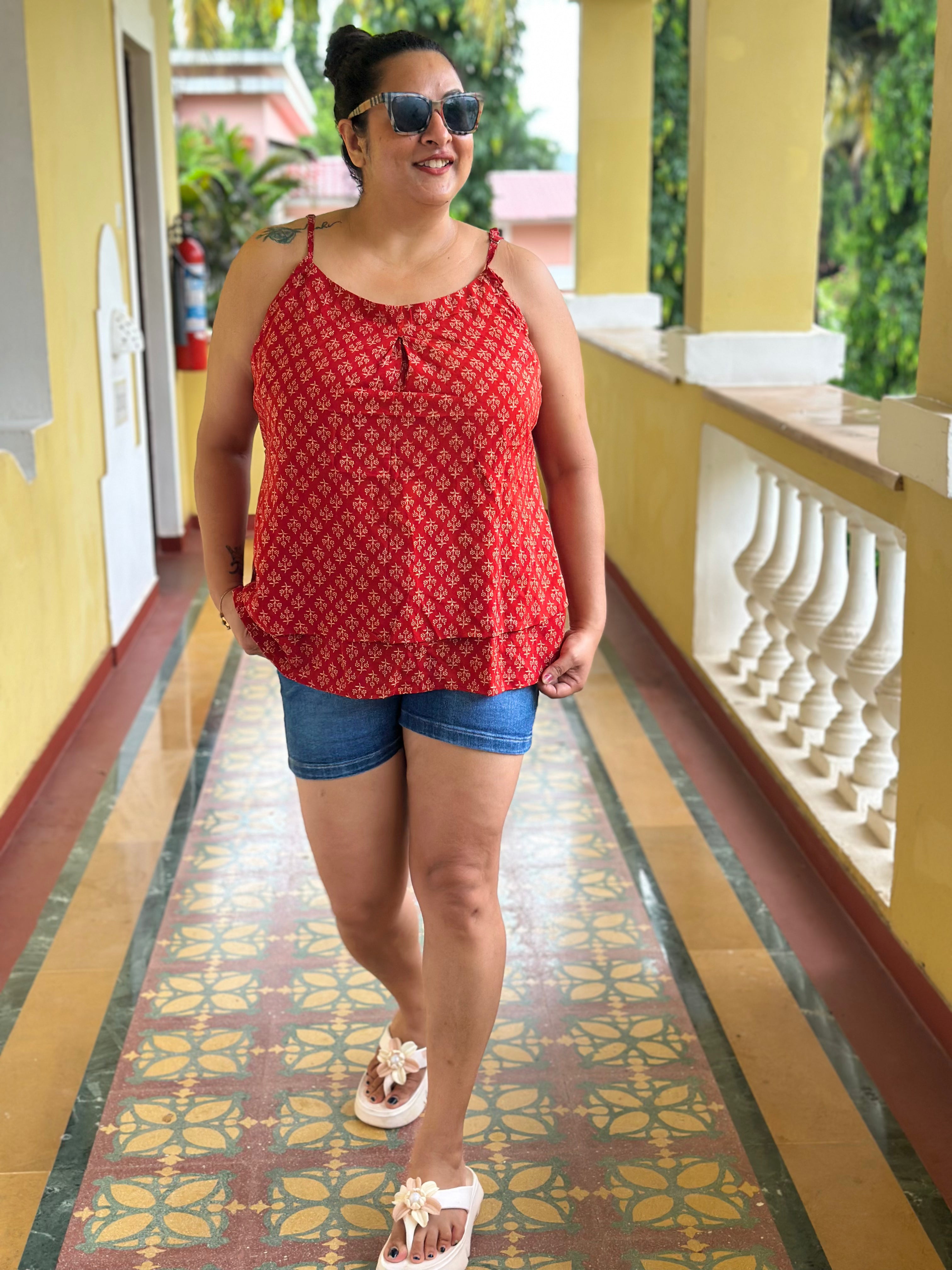 Red Bagru Booti Noodles Strap Modal Cotton Handblock Top