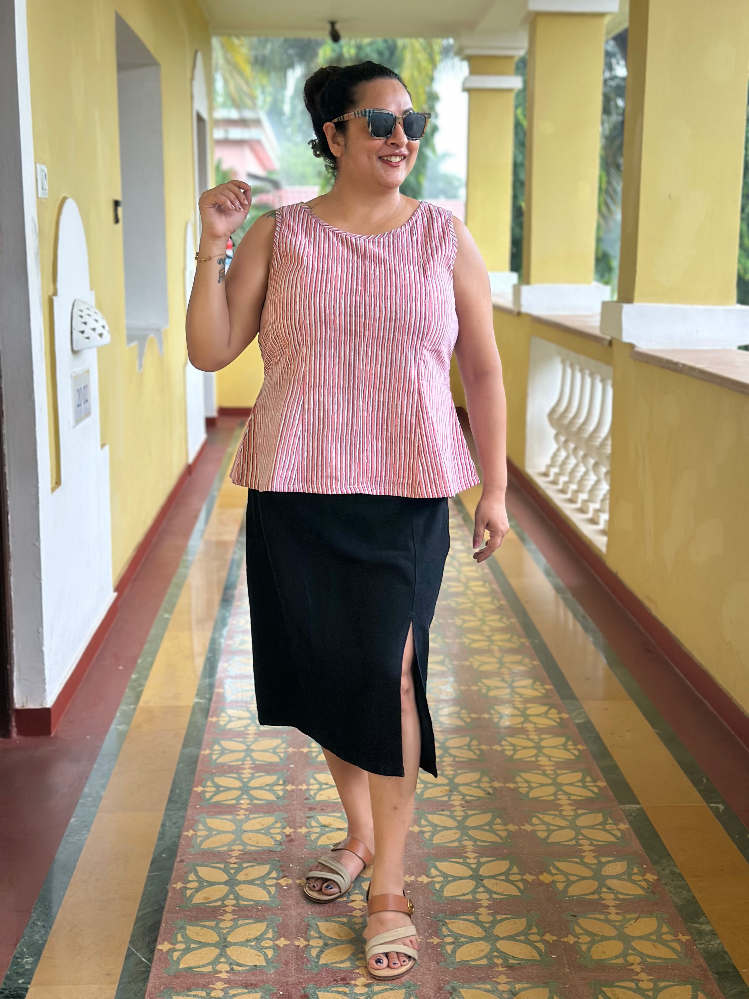 Rosewood Stripe- Indigo Dabu Stripe Handblock Printed Cotton Pepalum Sleeveless Top