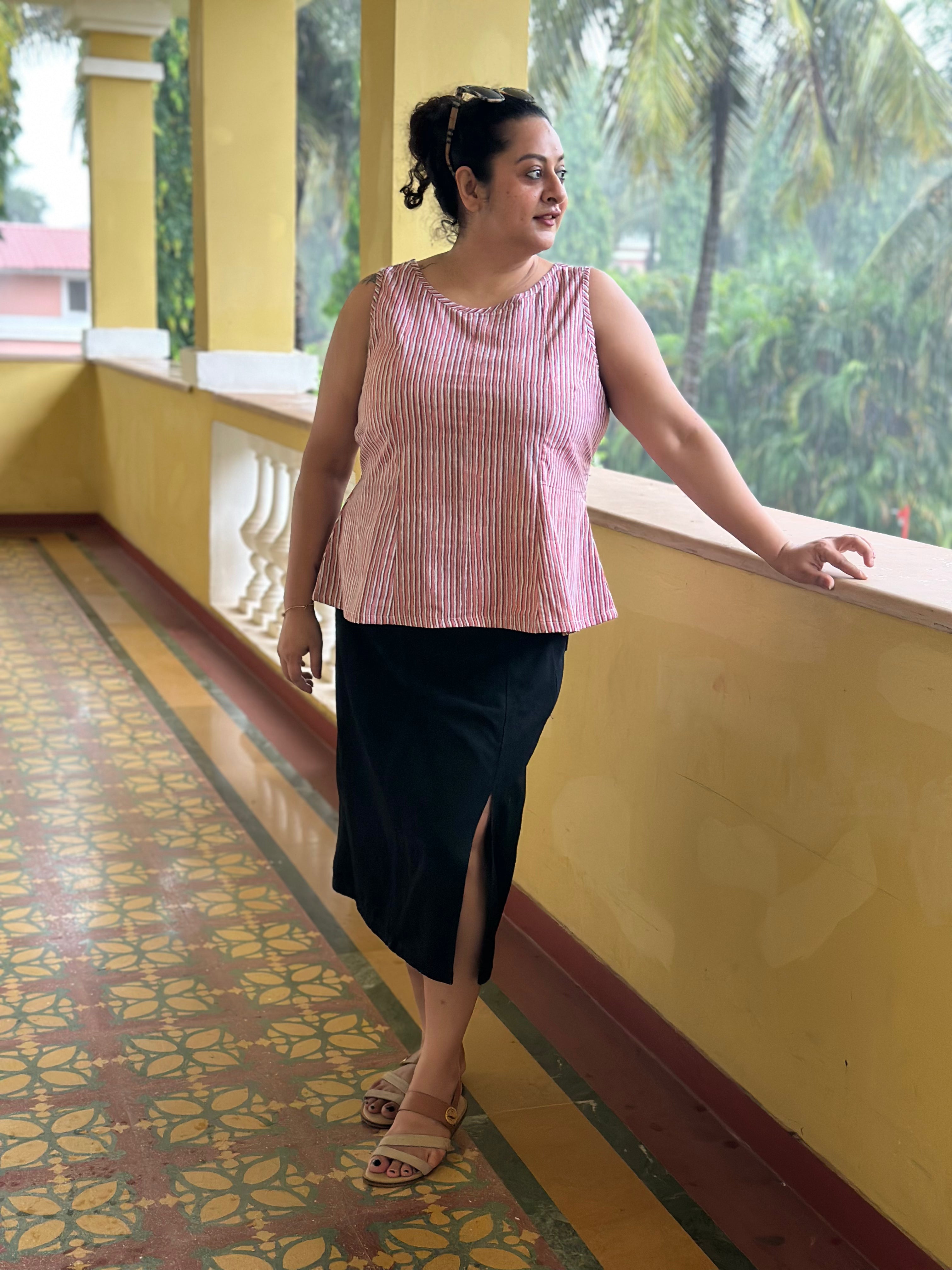 Rosewood Stripe- Indigo Dabu Stripe Handblock Printed Cotton Pepalum Sleeveless Top