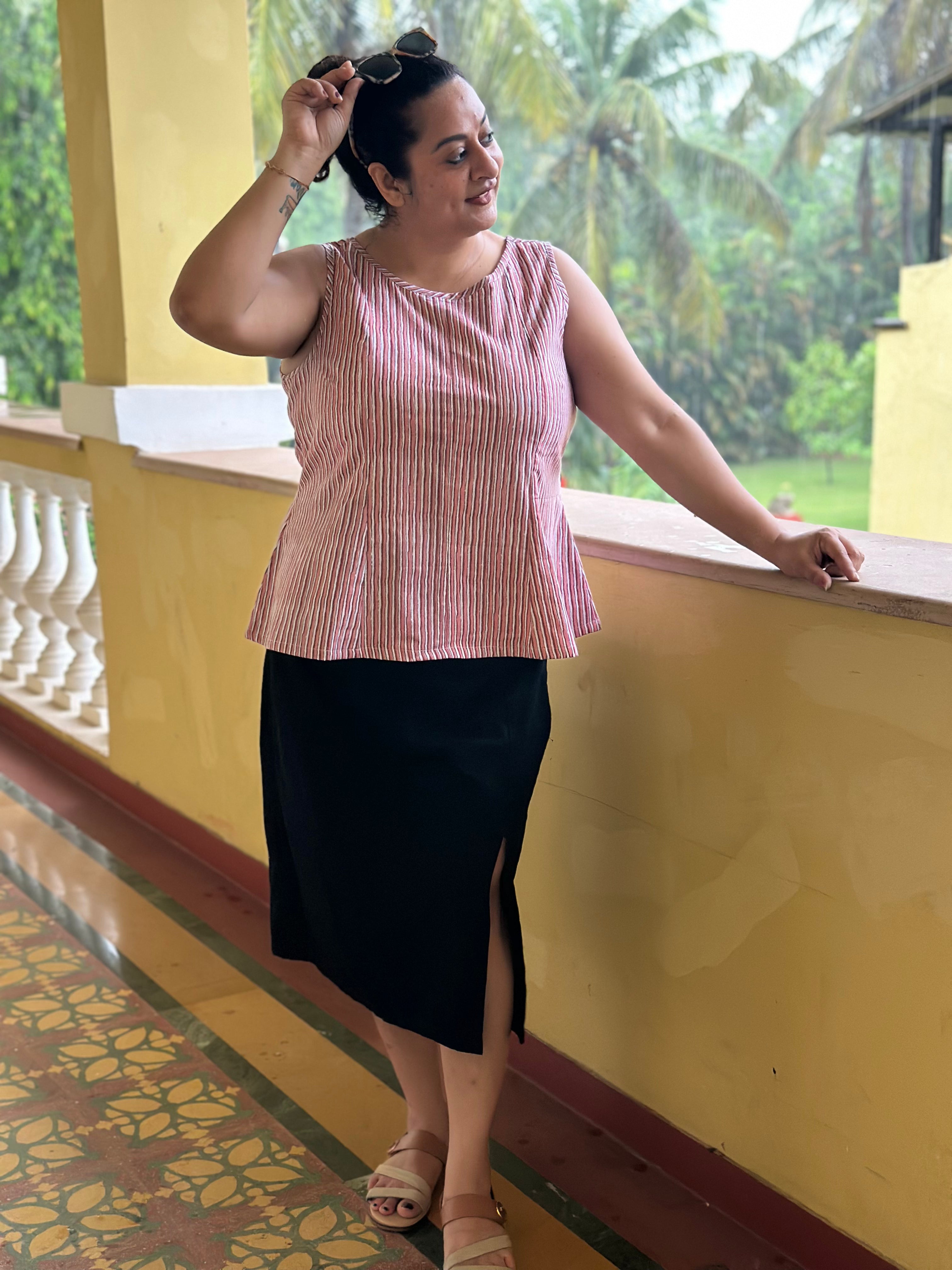Rosewood Stripe- Indigo Dabu Stripe Handblock Printed Cotton Pepalum Sleeveless Top