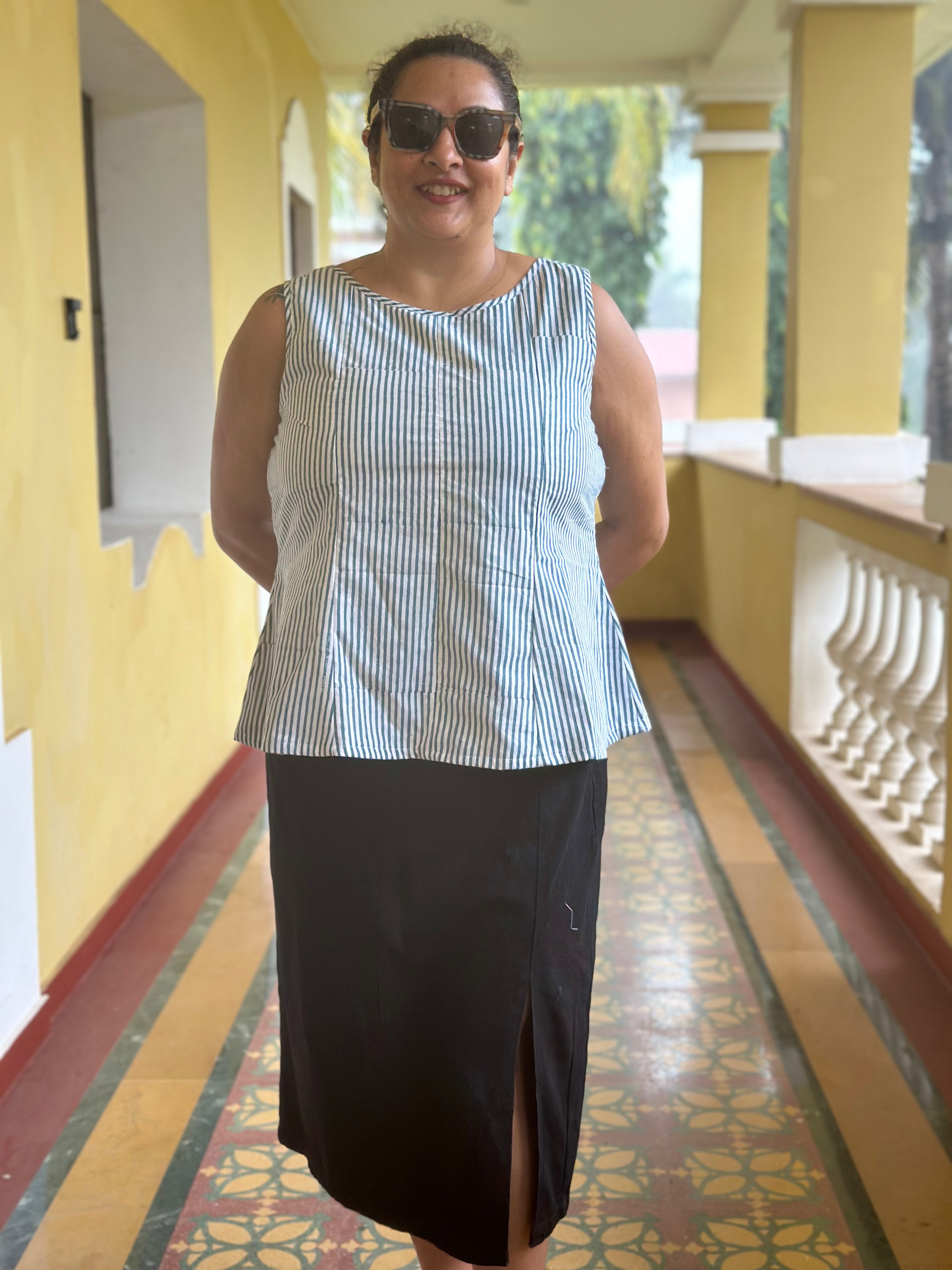 Summer Strip- Indigo Dabu Stripe Handblock Printed Peplum Cotton Sleeveless Top