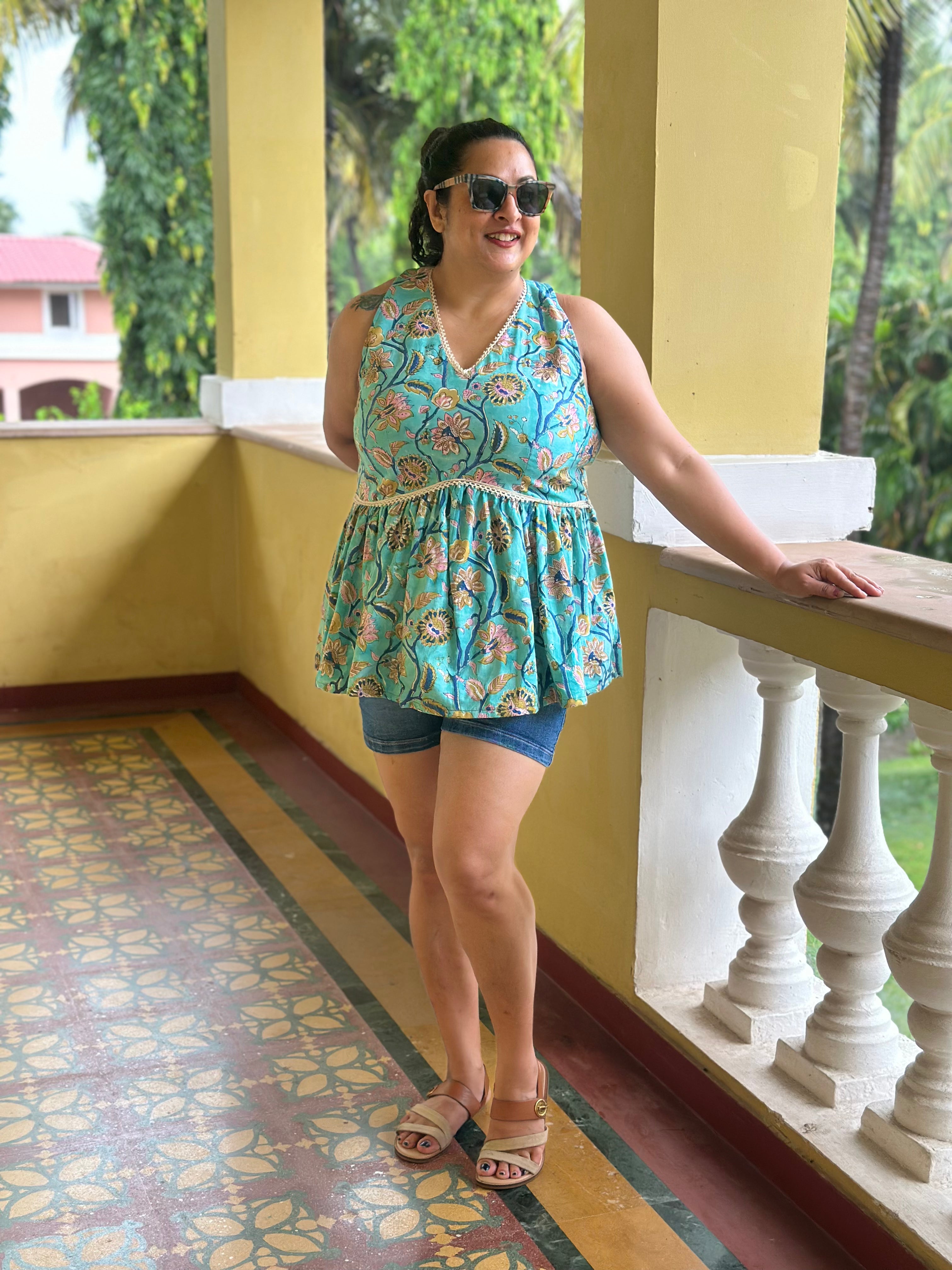 Bluebell Bloom- Blue Sanganeri Handblock Print Cotton Peplum Top
