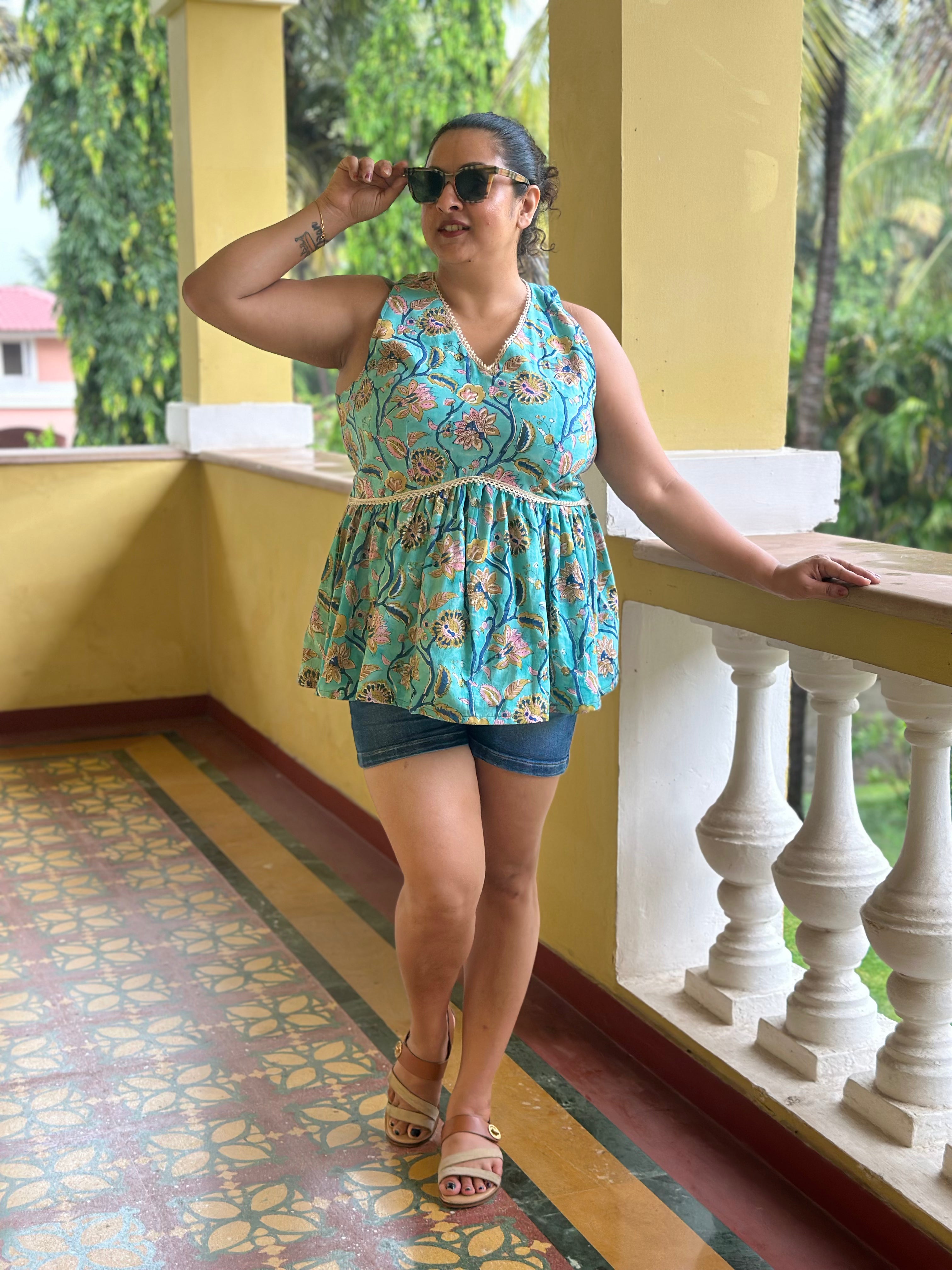 Bluebell Bloom- Blue Sanganeri Handblock Print Cotton Peplum Top