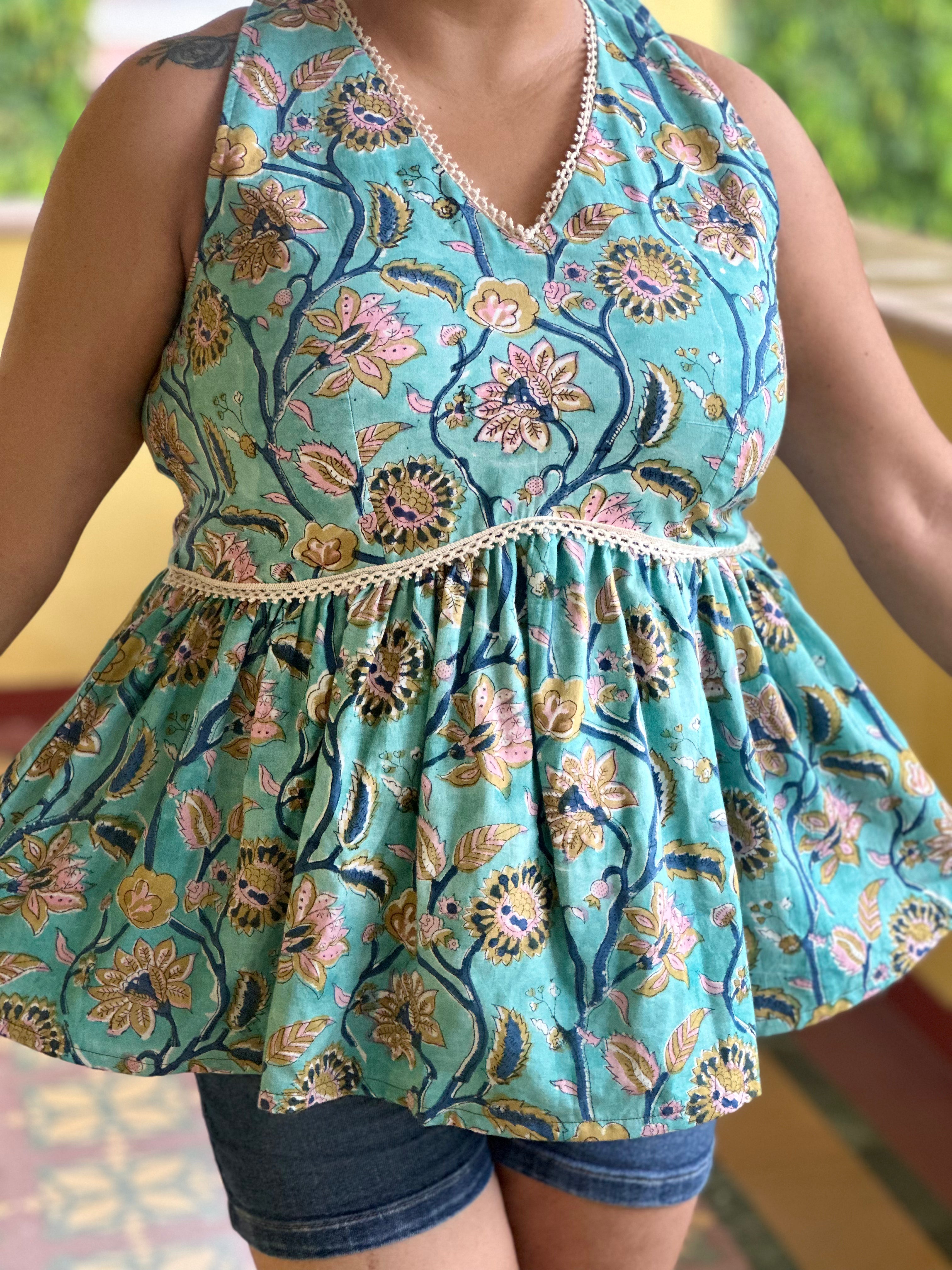 Bluebell Bloom- Blue Sanganeri Handblock Print Cotton Peplum Top