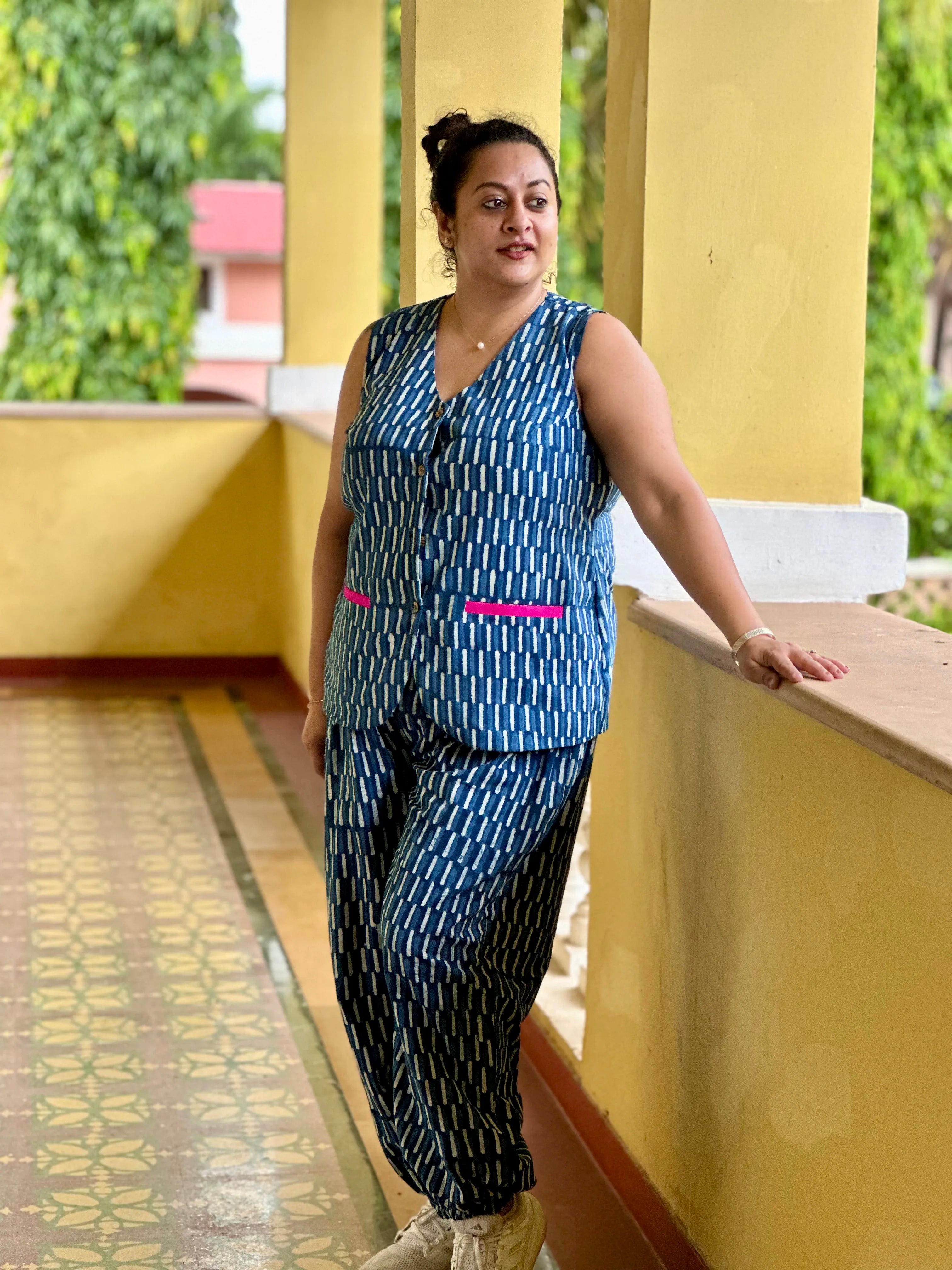 Indigo Nomad - Handblock print cotton Co-ord Set  with Vest and Balloon pants