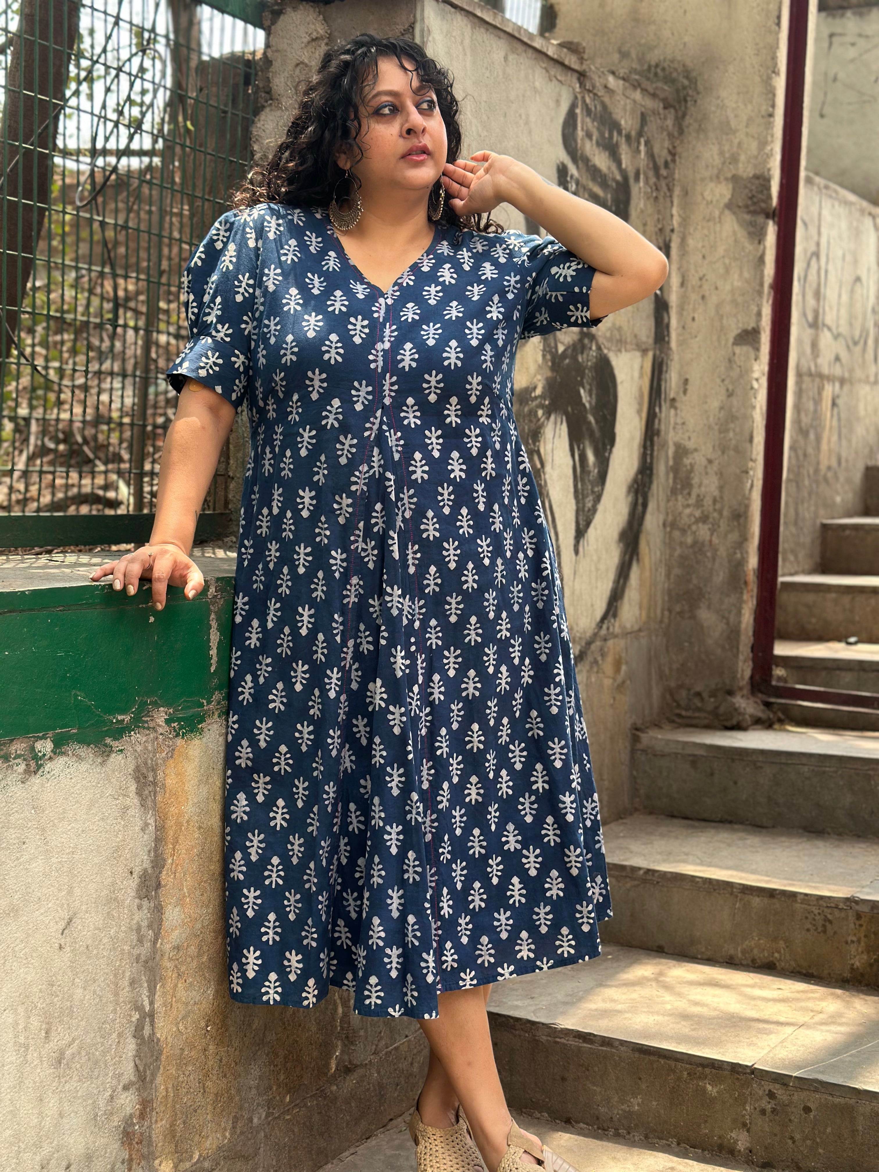Indigo Dabu Booti Handblock print A-lin cotton dress with Pink stitch work