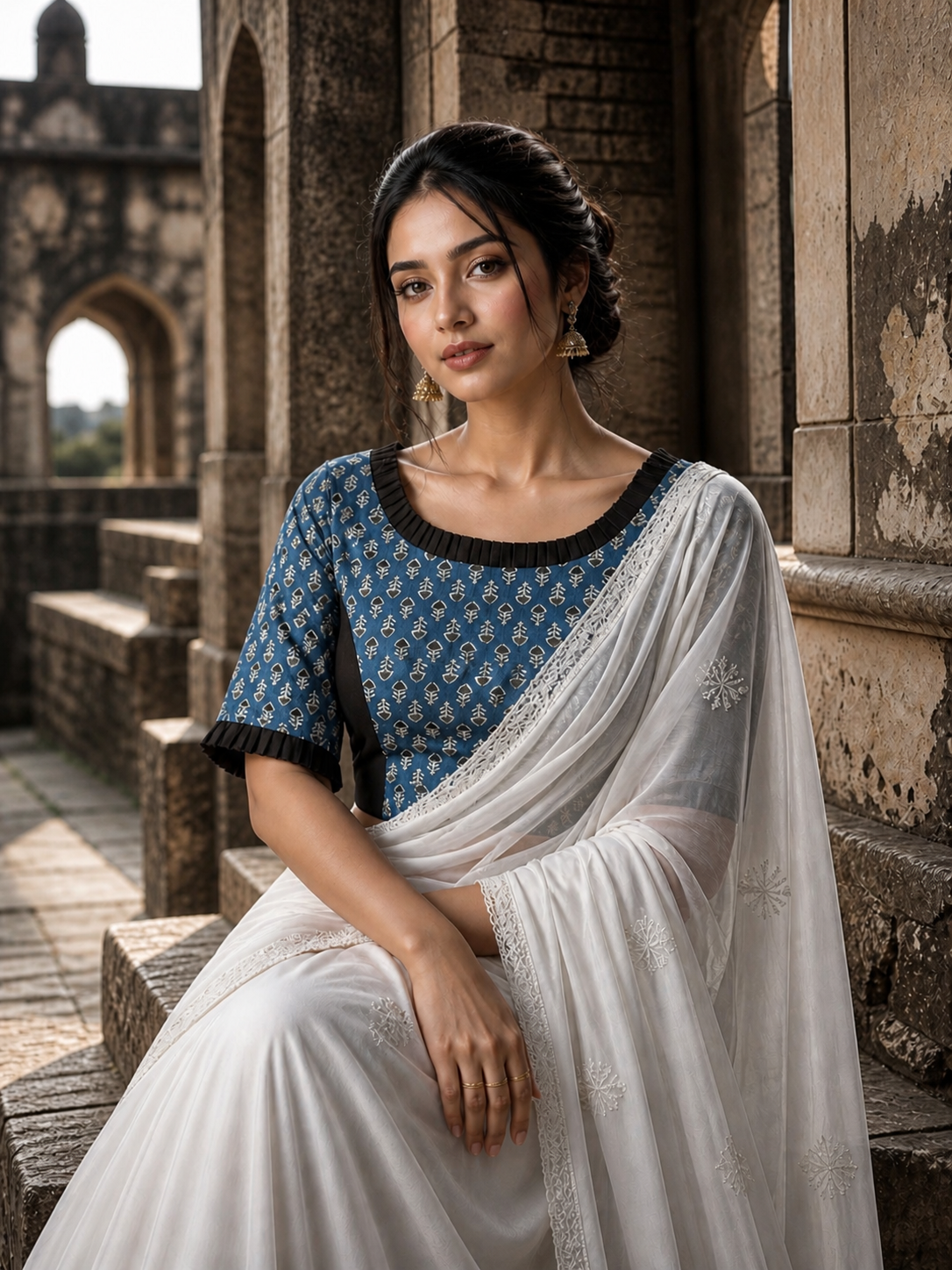 Neel Ruffle - Blue Bagru Booti Handblock print cotton blouse with frill sleeves