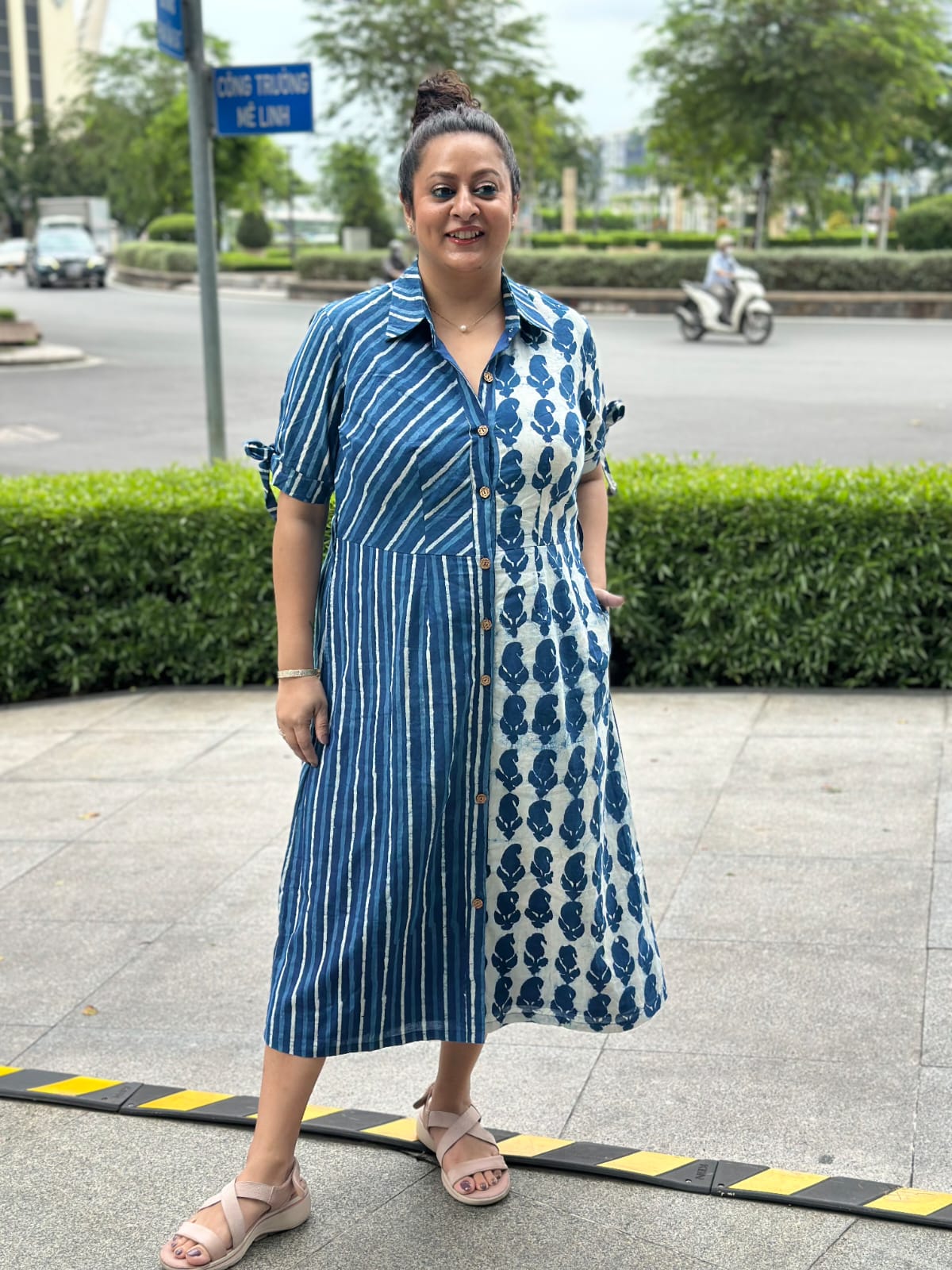 Blue Rhythm: Indigo Dabu Handblock Print Cotton Dress