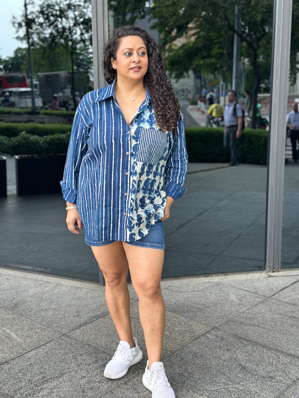 Boho Indigo Fusion:Indigo Dabu Three Handblock Printed Cotton Oversized Shirt