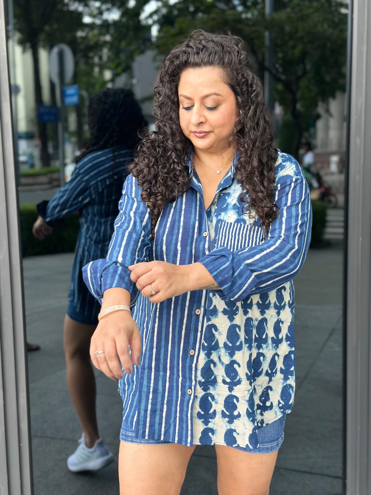 Boho Indigo Fusion:Indigo Dabu Three Handblock Printed Cotton Oversized Shirt