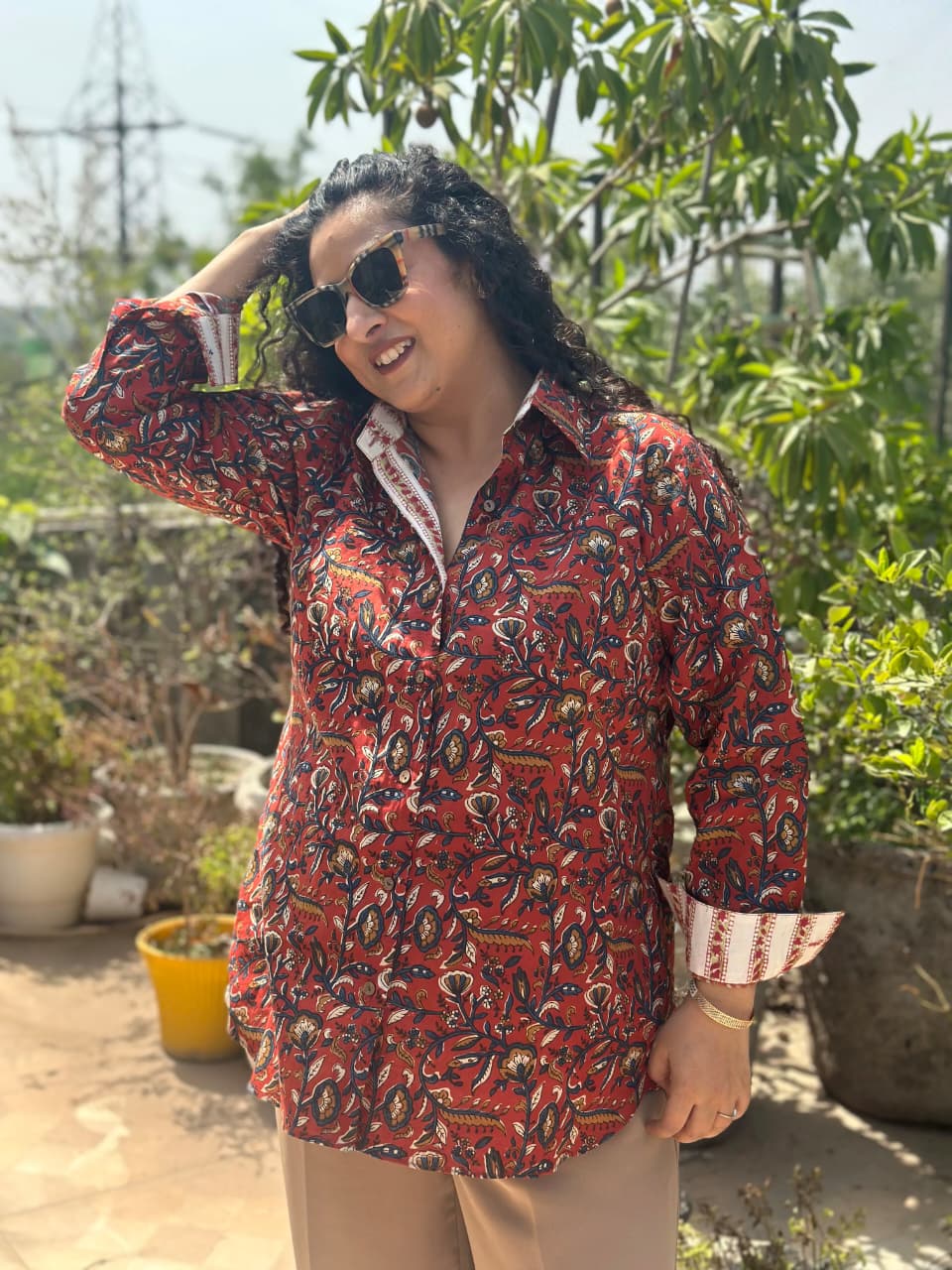 Gulnaar- Red Bagru handblock print cotton shirt