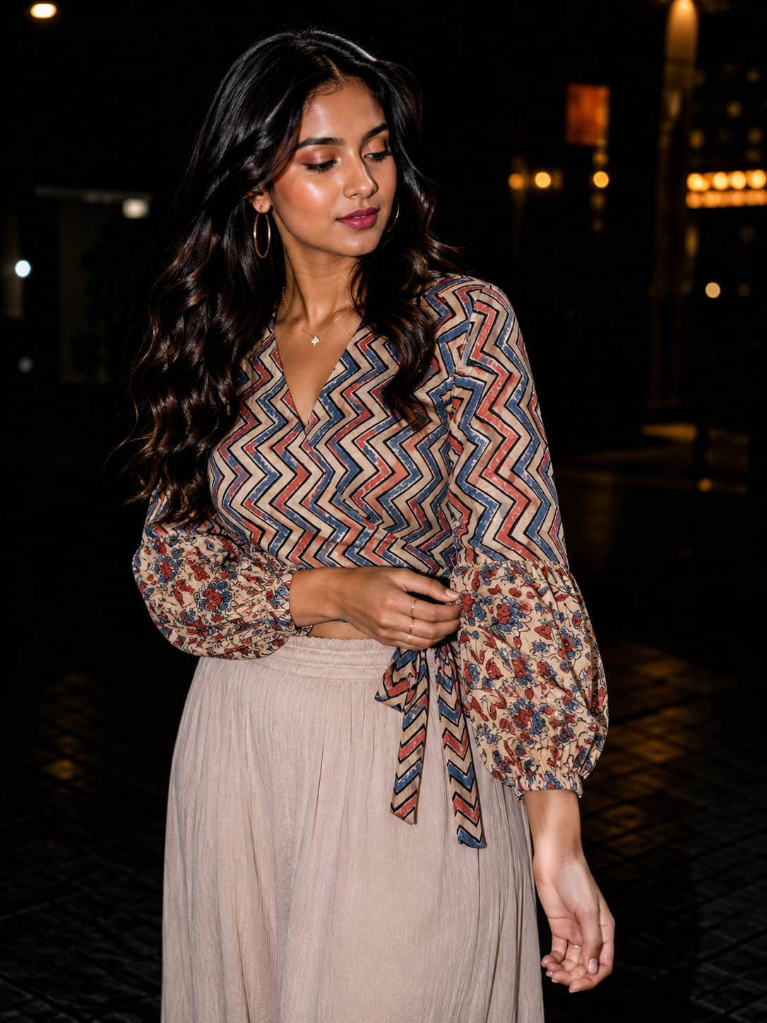 White ajrakh zig zag handblock printed wrap top with floral print sleeves