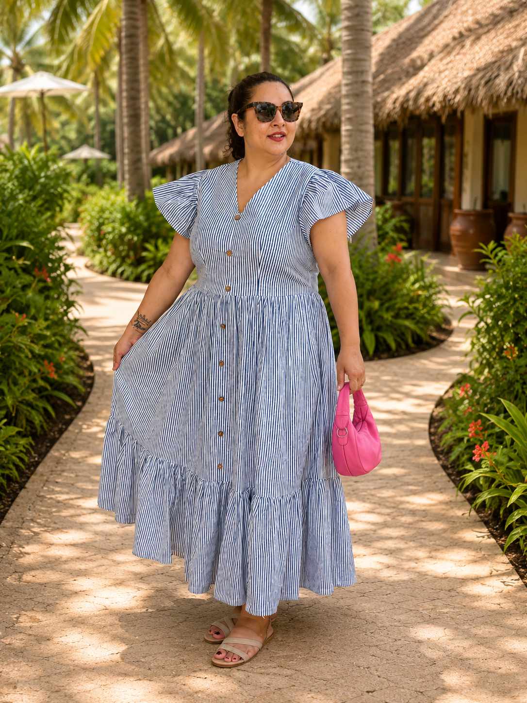 Ocean Stripe : Dabu Stripe Handblock Printed Cotton Maxi Dress