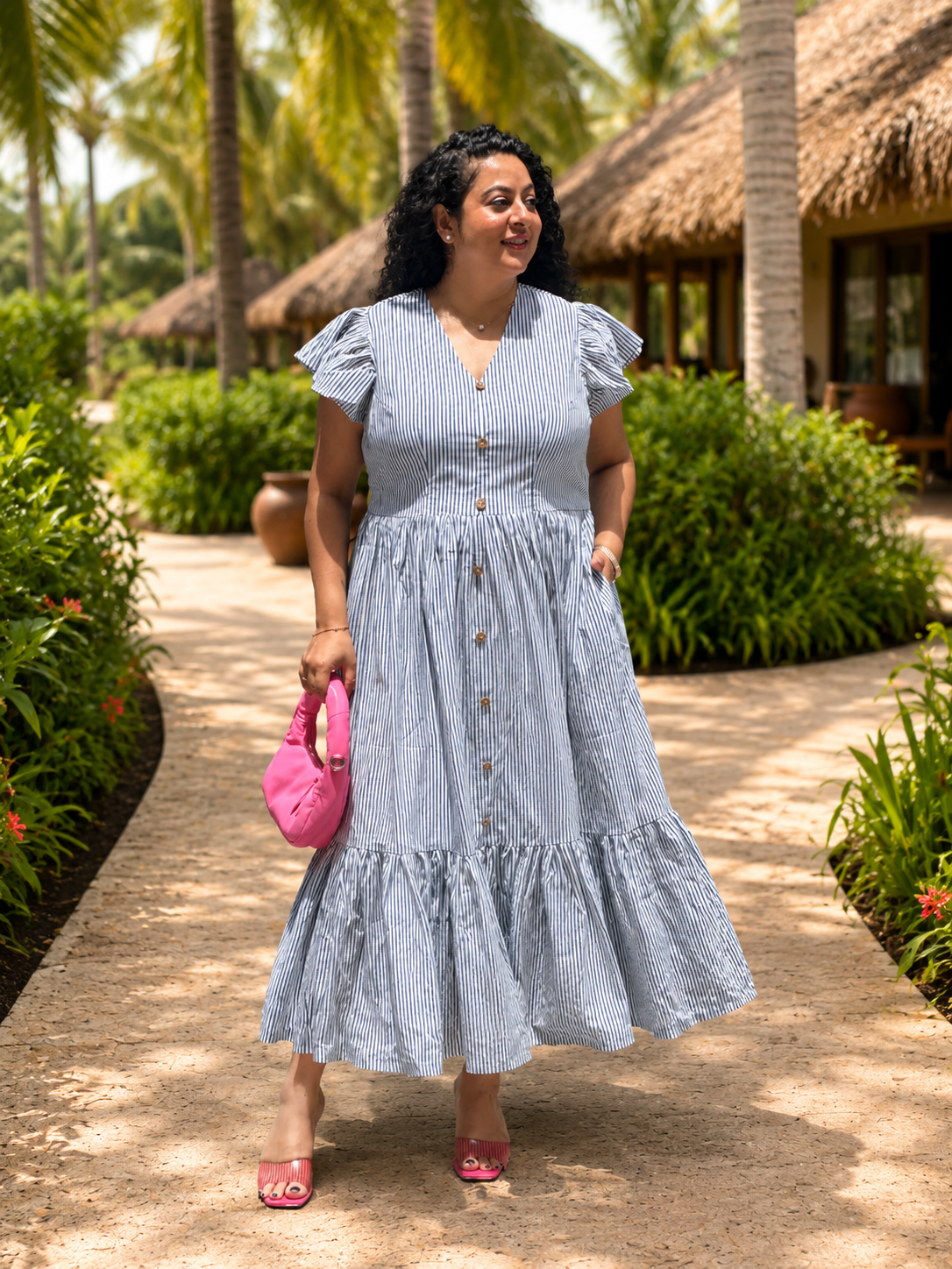 Ocean Stripe : Dabu Stripe Handblock Printed Cotton Maxi Dress