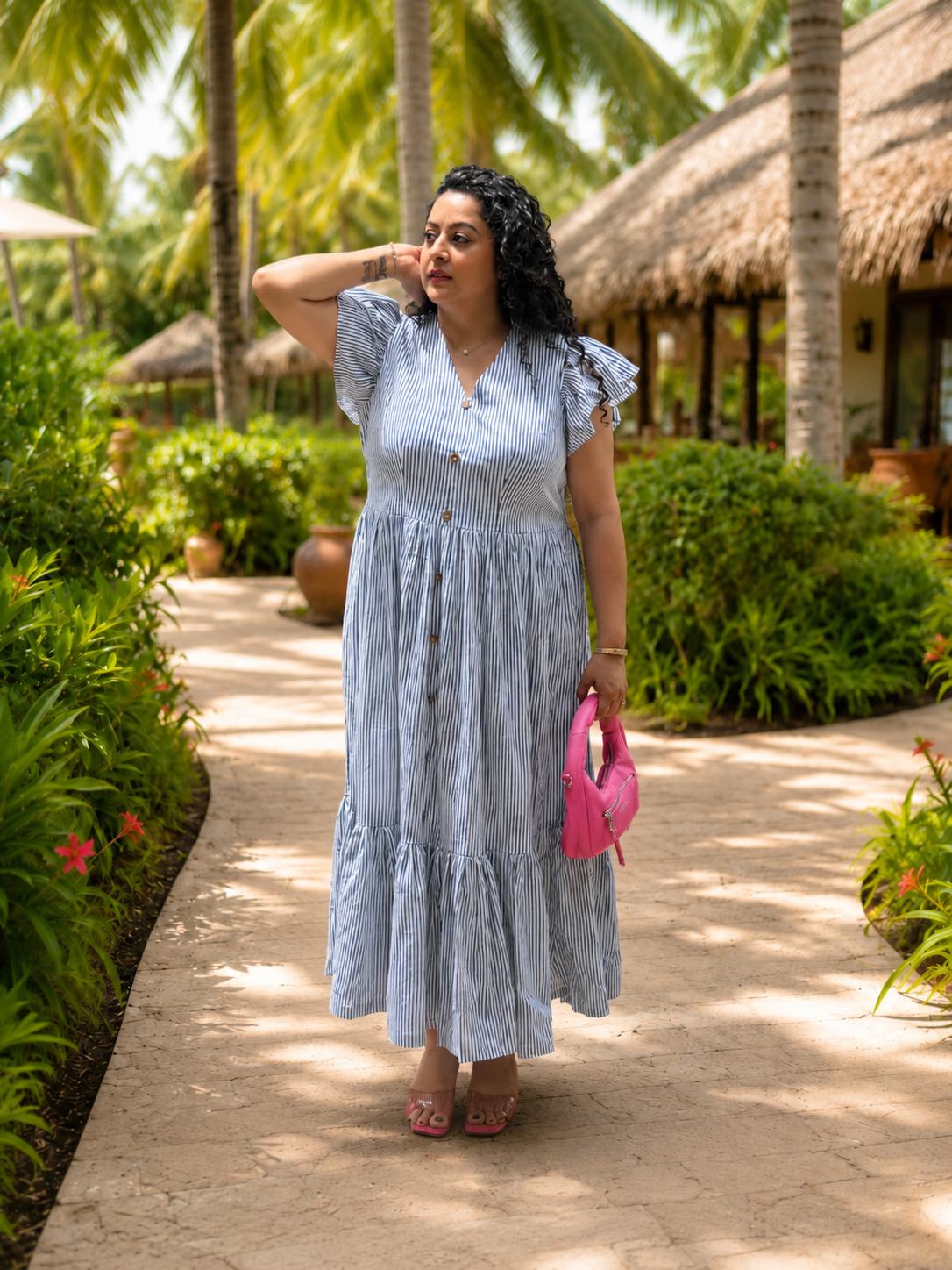 Ocean Stripe : Dabu Stripe Handblock Printed Cotton Maxi Dress