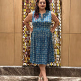 Indigo handblock print mashru silk sleeveless dress