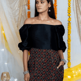 Black Ajrakh Handblock Printed Off Shoulder Silk Dress