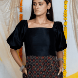 Black Ajrakh Handblock Printed Off Shoulder Silk Dress